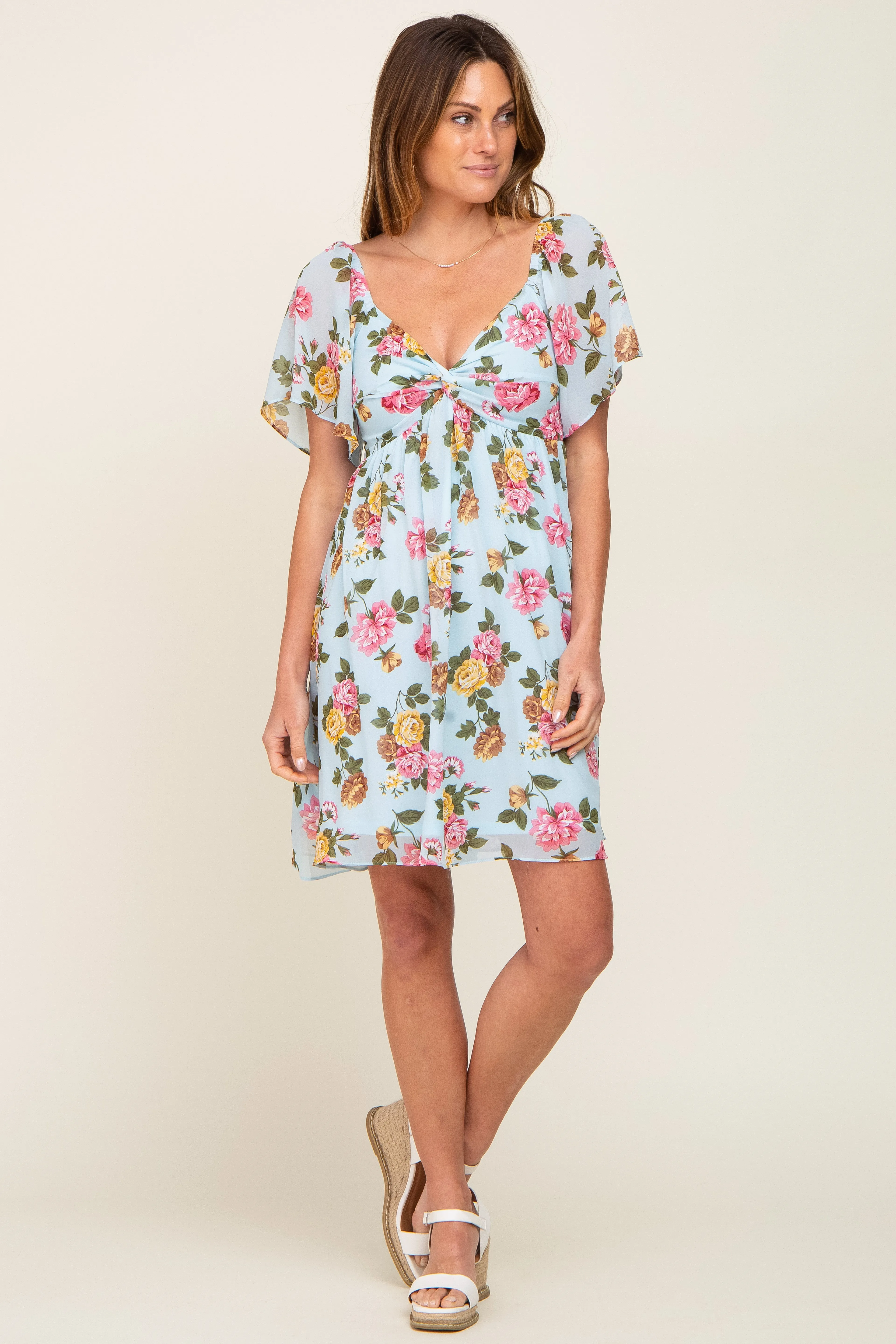 Light Blue Floral Chiffon Sweetheart Neck Dress sold by Pinkblush product image thumbnail 5