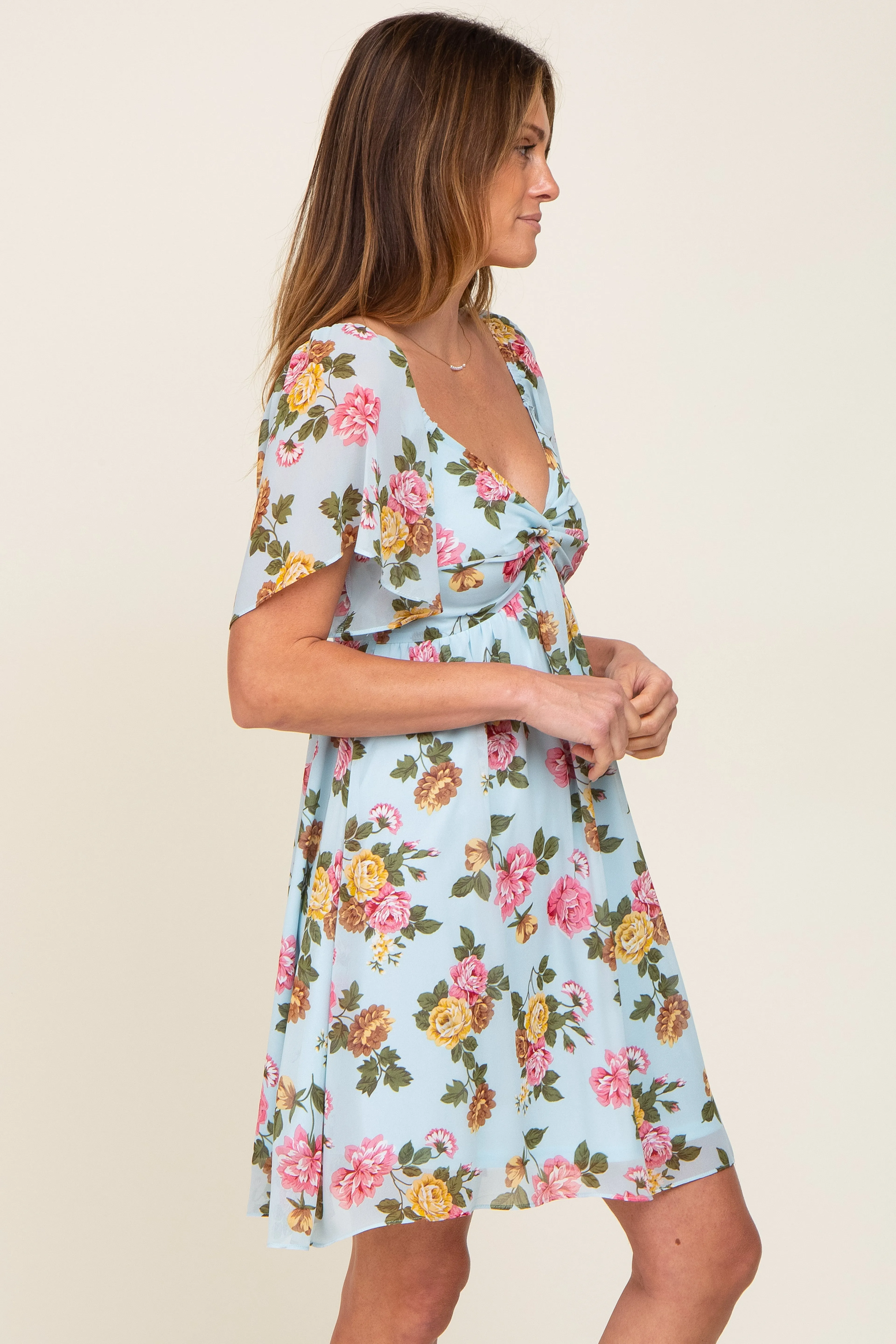 Light Blue Floral Chiffon Sweetheart Neck Dress sold by Pinkblush product image thumbnail 2