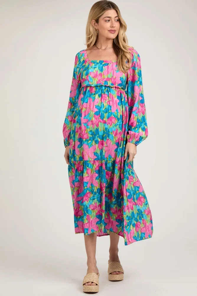 Blue Floral Long Sleeve Maternity Midi Dress sold by Pinkblush