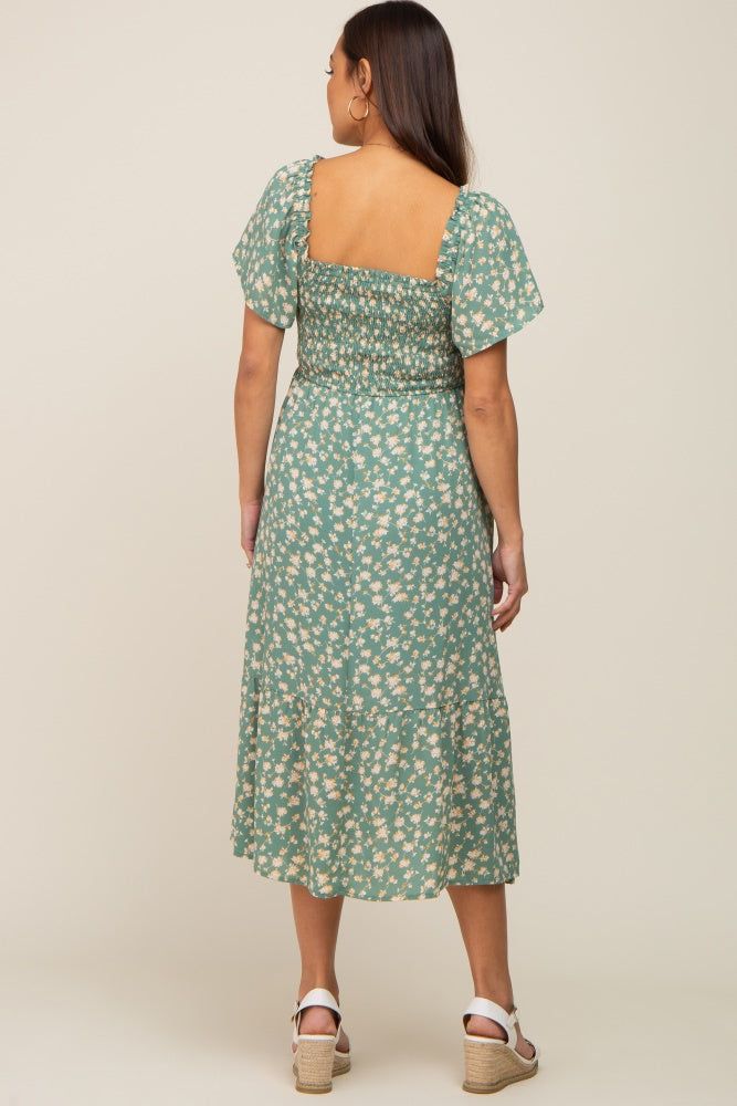 Light Olive Floral Smocked Maternity Midi Dress sold by Pinkblush product image thumbnail 4