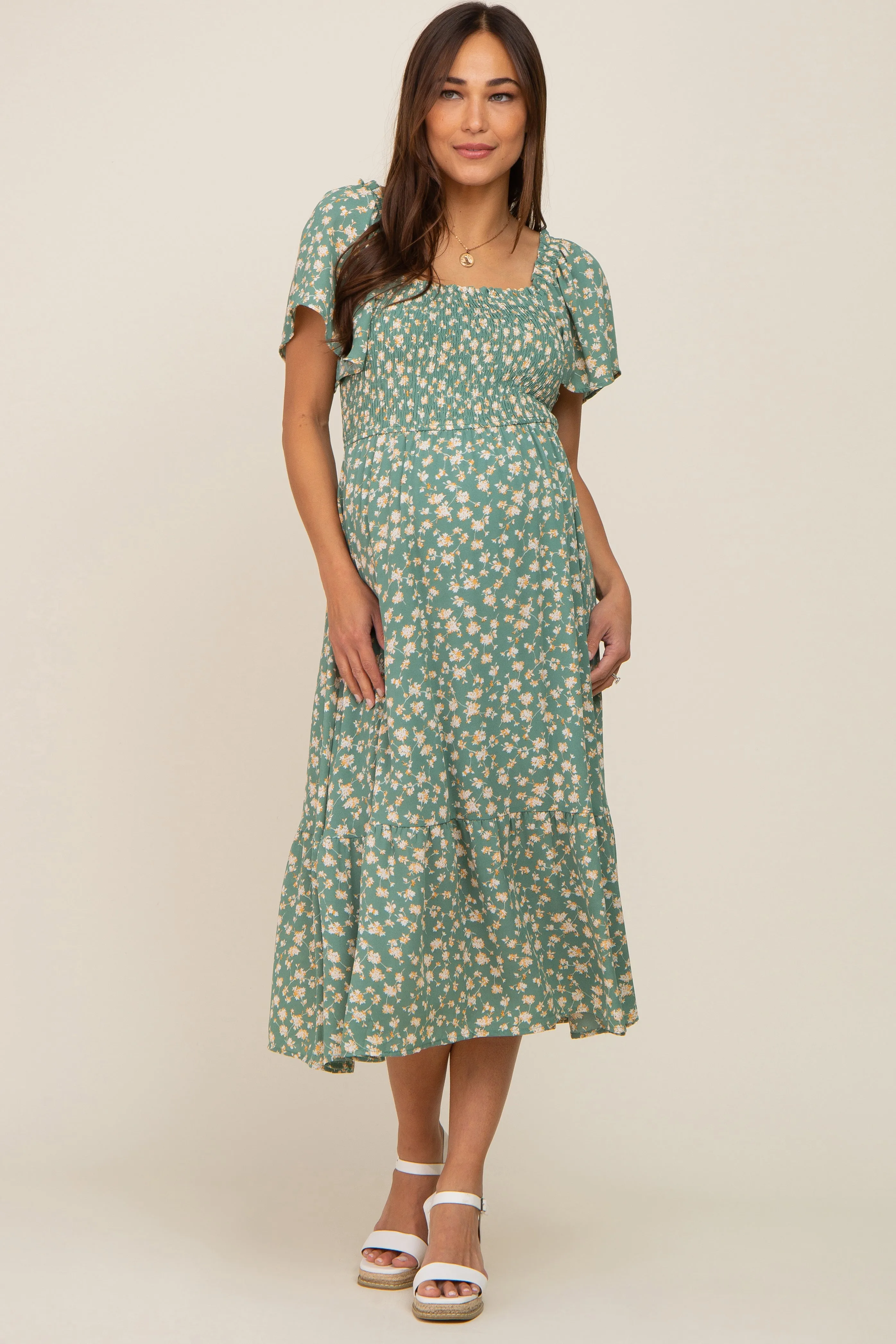 Light Olive Floral Smocked Maternity Midi Dress sold by Pinkblush product image thumbnail 2
