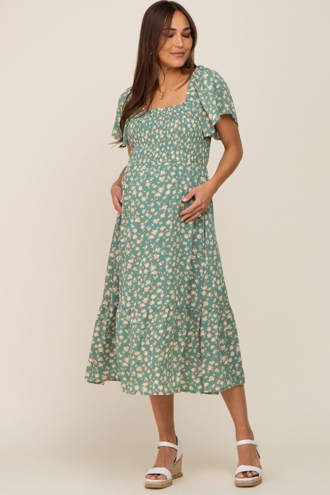 Light Olive Floral Smocked Maternity Midi Dress sold by Pinkblush
