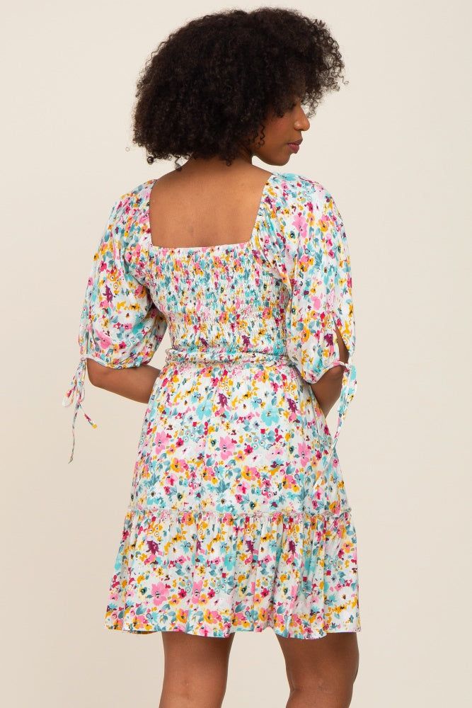 Mint Green Floral Smocked Square Neck Ruffle Dress sold by Pinkblush product image thumbnail 3