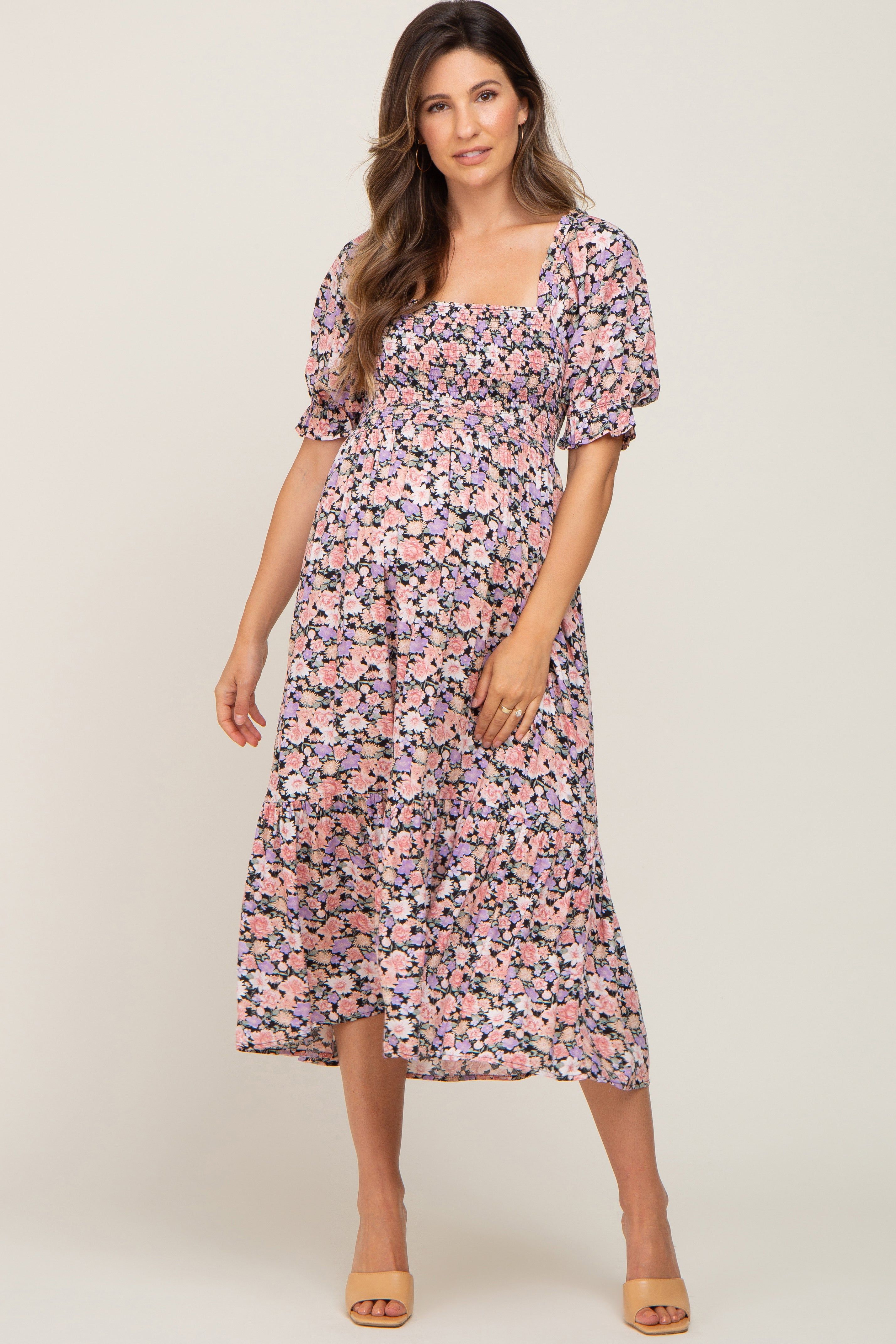 Black Floral Puff Sleeve Maternity Midi Dress sold by Pinkblush