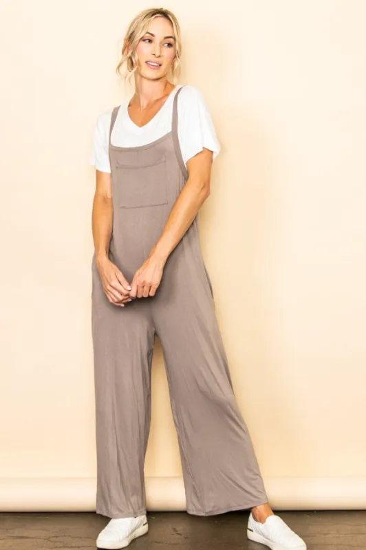 Taupe Sleeveless Pocketed Wide Leg Jumpsuit sold by Pinkblush