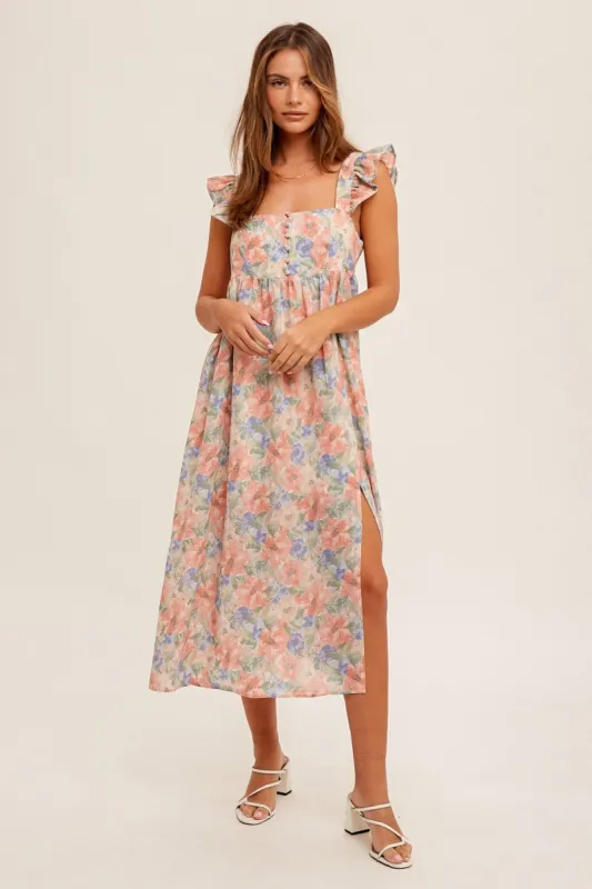 Rose Pink Water Color Floral Print Ruffele Sleeve Midi Dress sold by Pinkblush