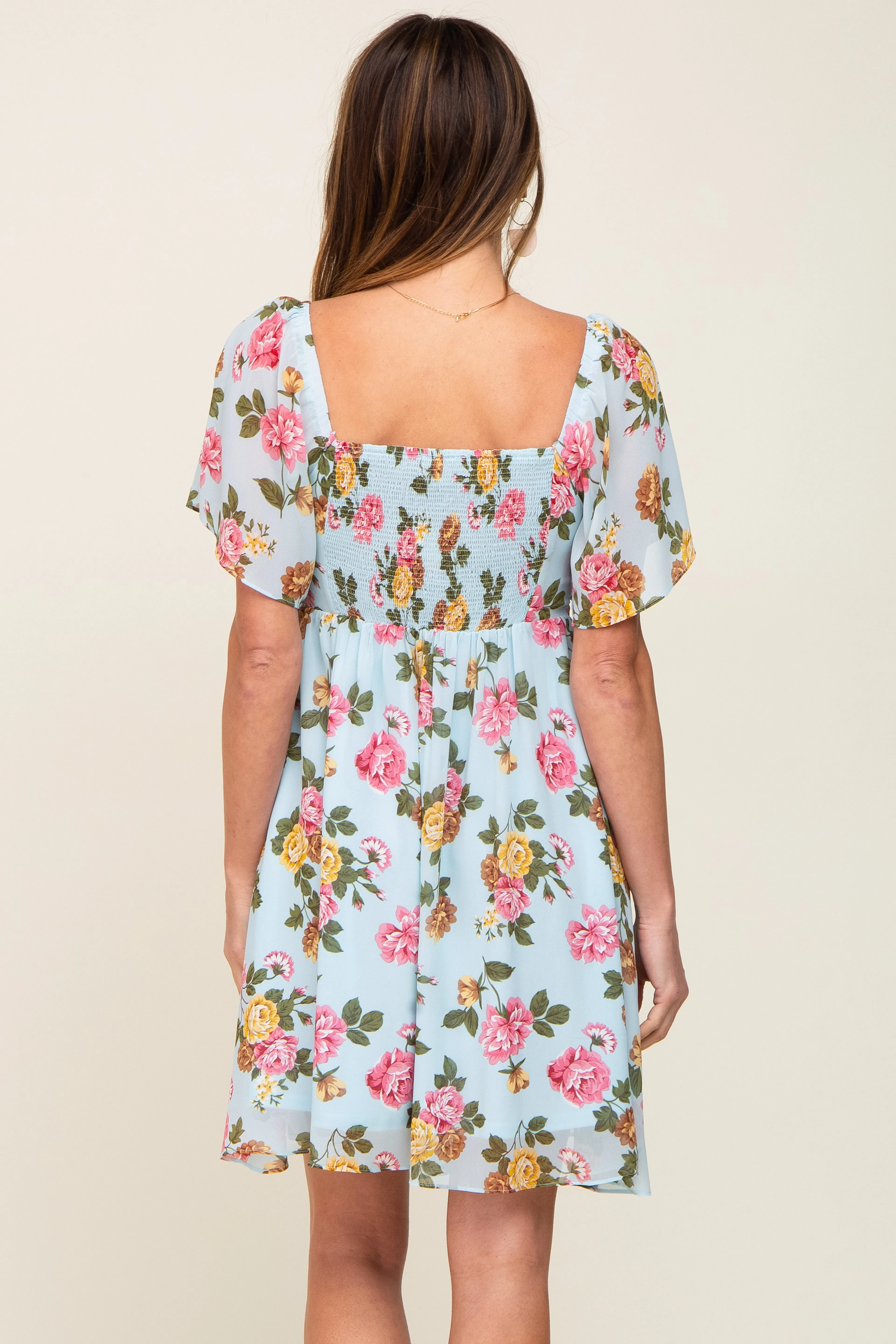 Light Blue Floral Chiffon Sweetheart Neck Dress sold by Pinkblush product image thumbnail 3