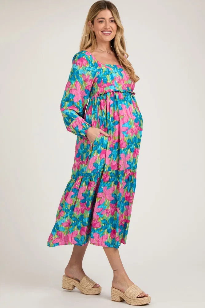 Blue Floral Long Sleeve Maternity Midi Dress sold by Pinkblush product image thumbnail 2