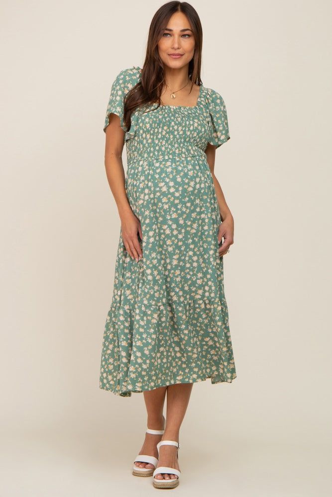 Light Olive Floral Smocked Maternity Midi Dress sold by Pinkblush product image thumbnail 2