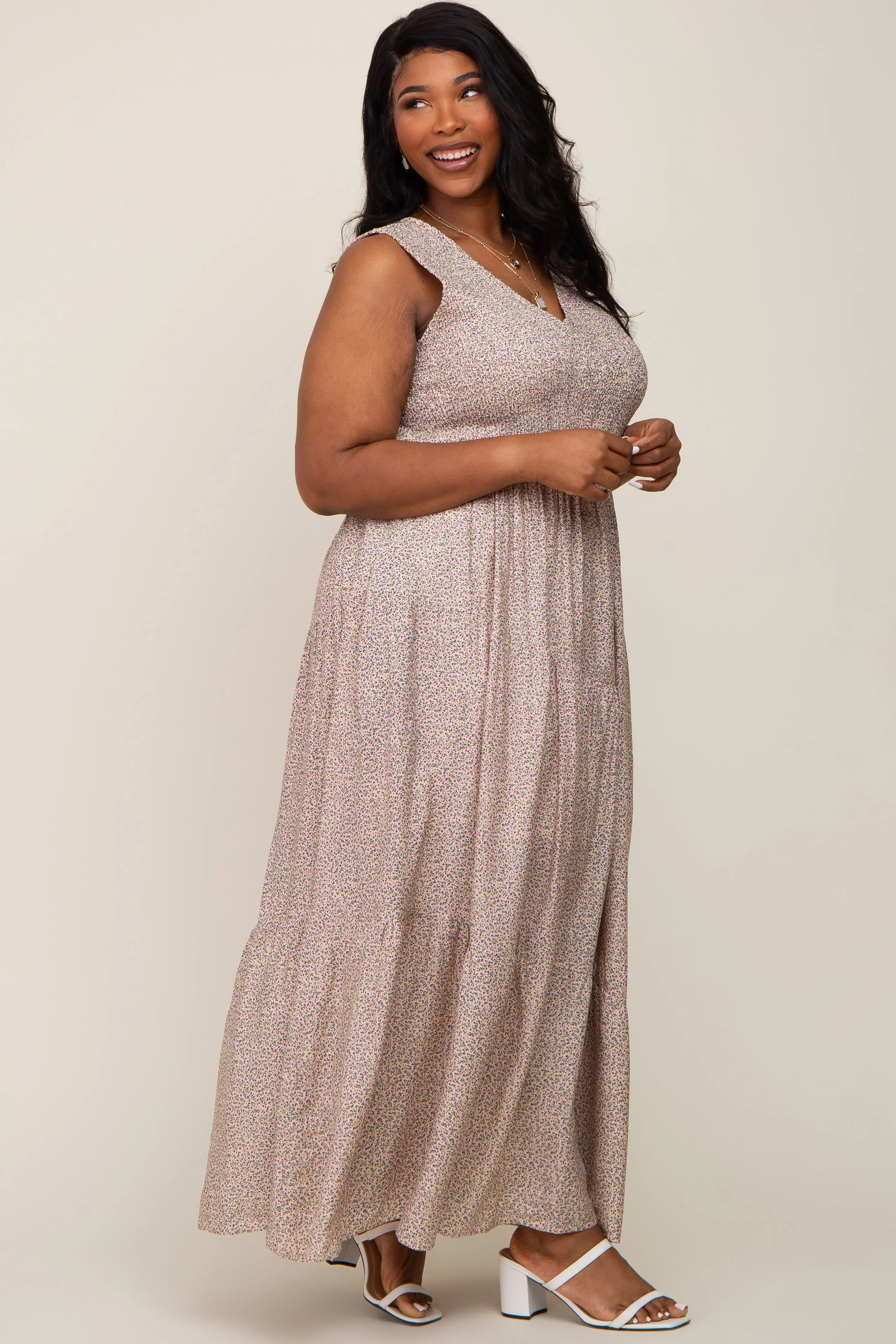 Cream Floral Smocked Sleeveless Back Tie Plus Maxi Dress sold by Pinkblush product image thumbnail 2