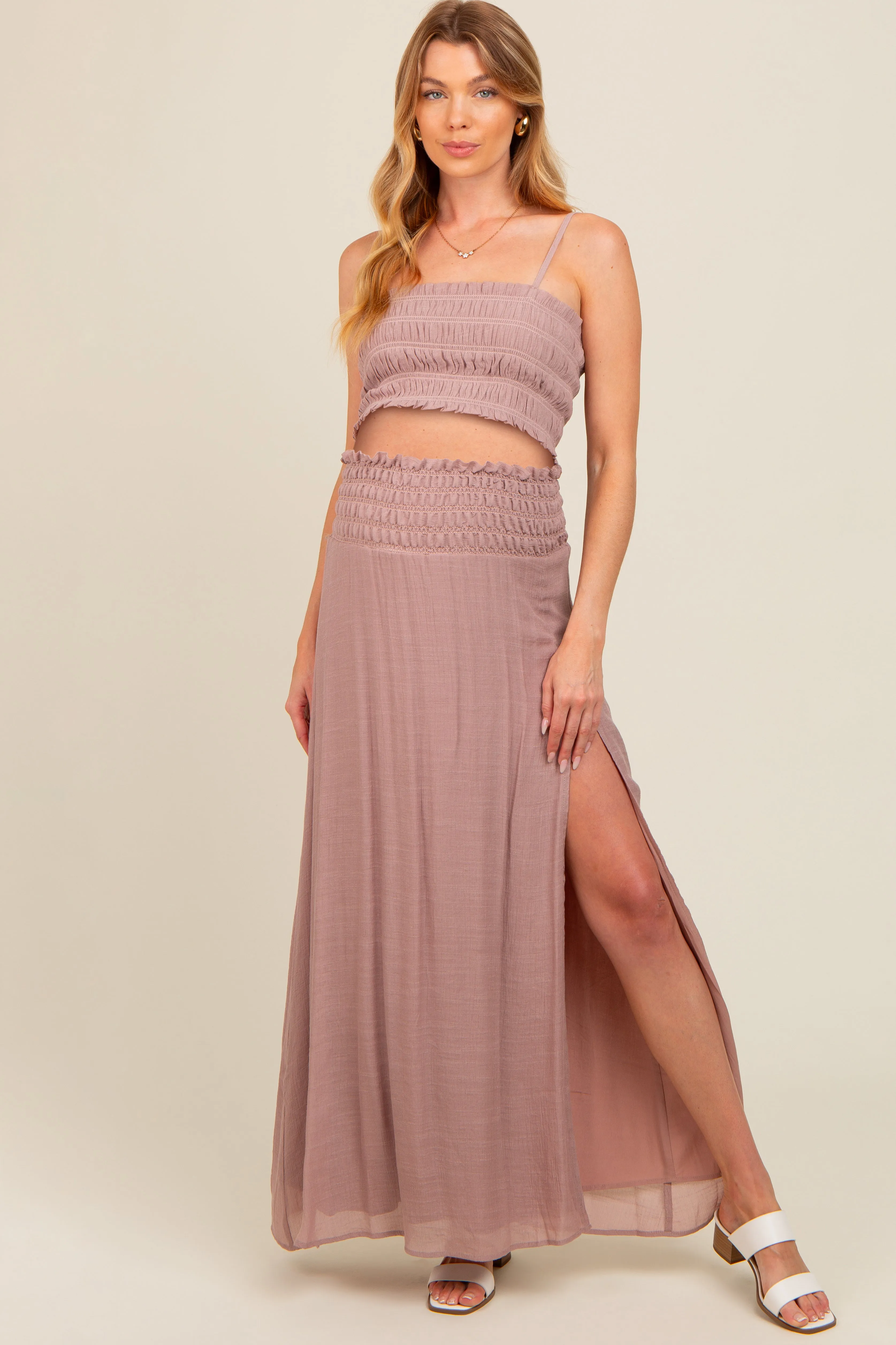 Mauve Smocked Crop Top And Maxi Skirt Maternity Set sold by Pinkblush
