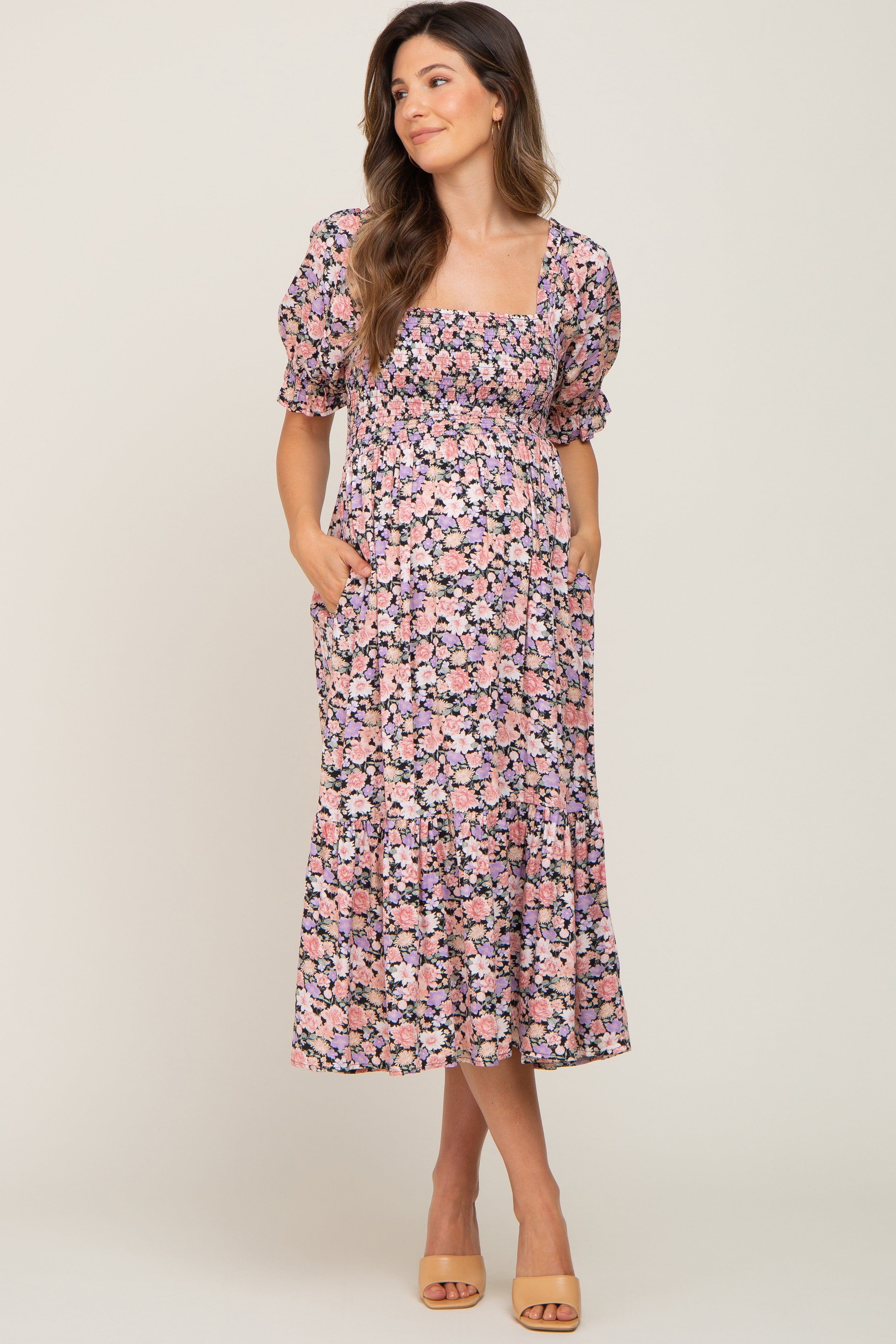 Black Floral Puff Sleeve Maternity Midi Dress sold by Pinkblush product image thumbnail 5