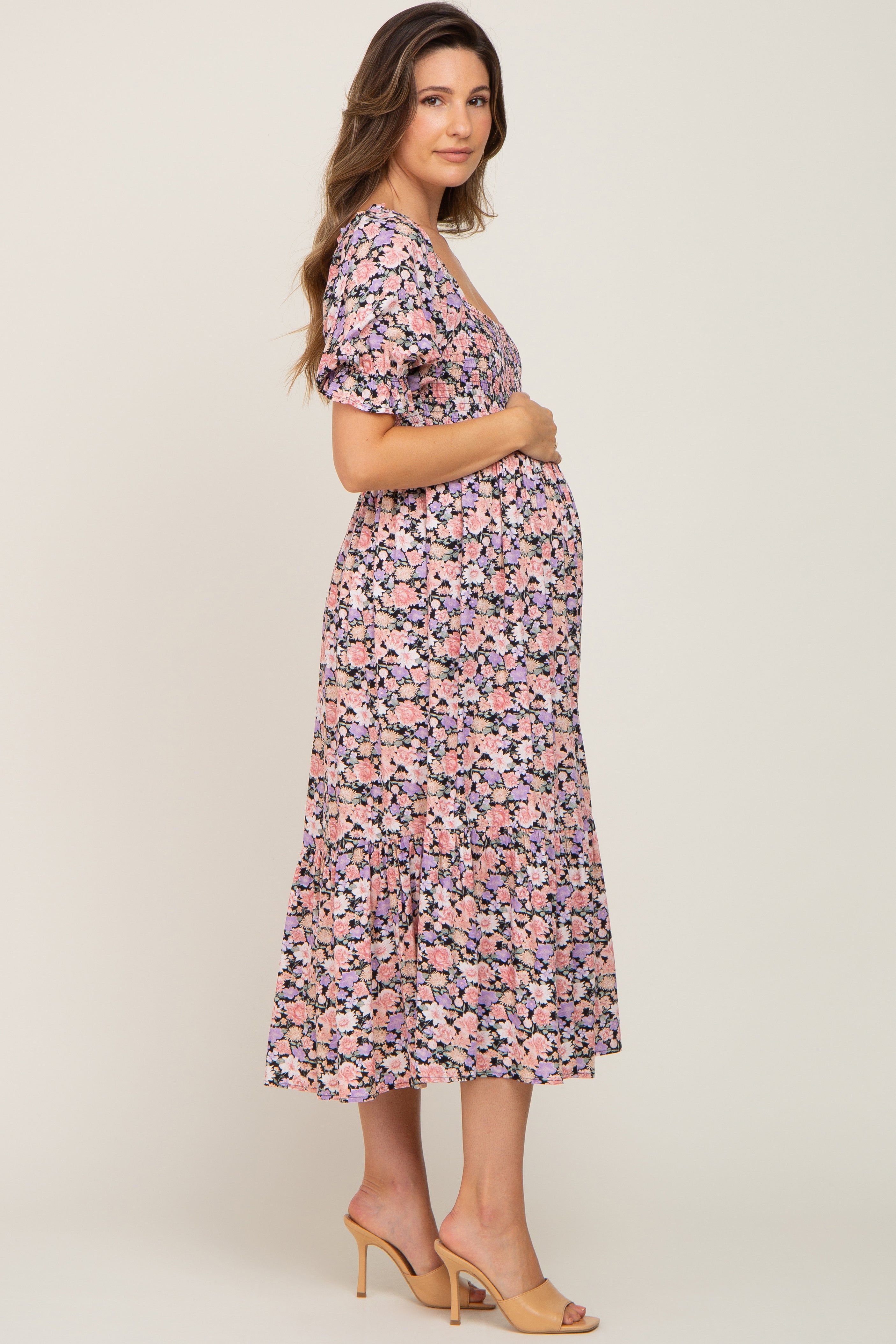 Black Floral Puff Sleeve Maternity Midi Dress sold by Pinkblush product image thumbnail 2