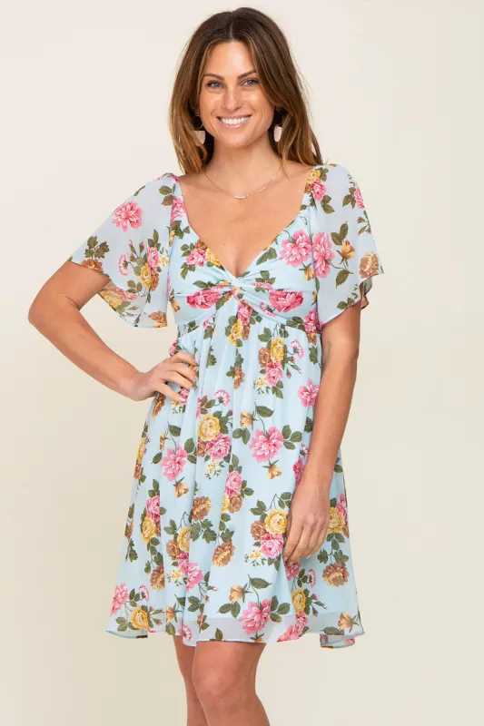 Light Blue Floral Chiffon Sweetheart Neck Dress sold by Pinkblush