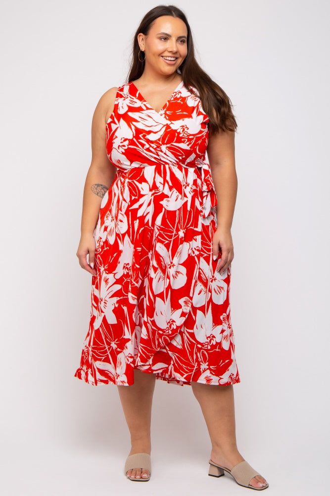 Red Flower Side Tie Plus Wrap Dress sold by Pinkblush