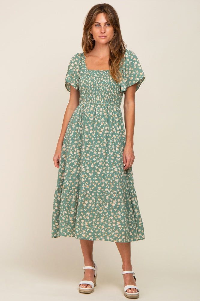 Light Olive Floral Smocked Maternity Midi Dress sold by Pinkblush product image thumbnail 5