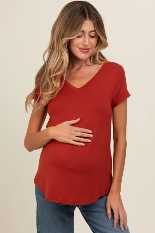 Rust Basic V-Neck Short Sleeve Maternity Top sold by Pinkblush