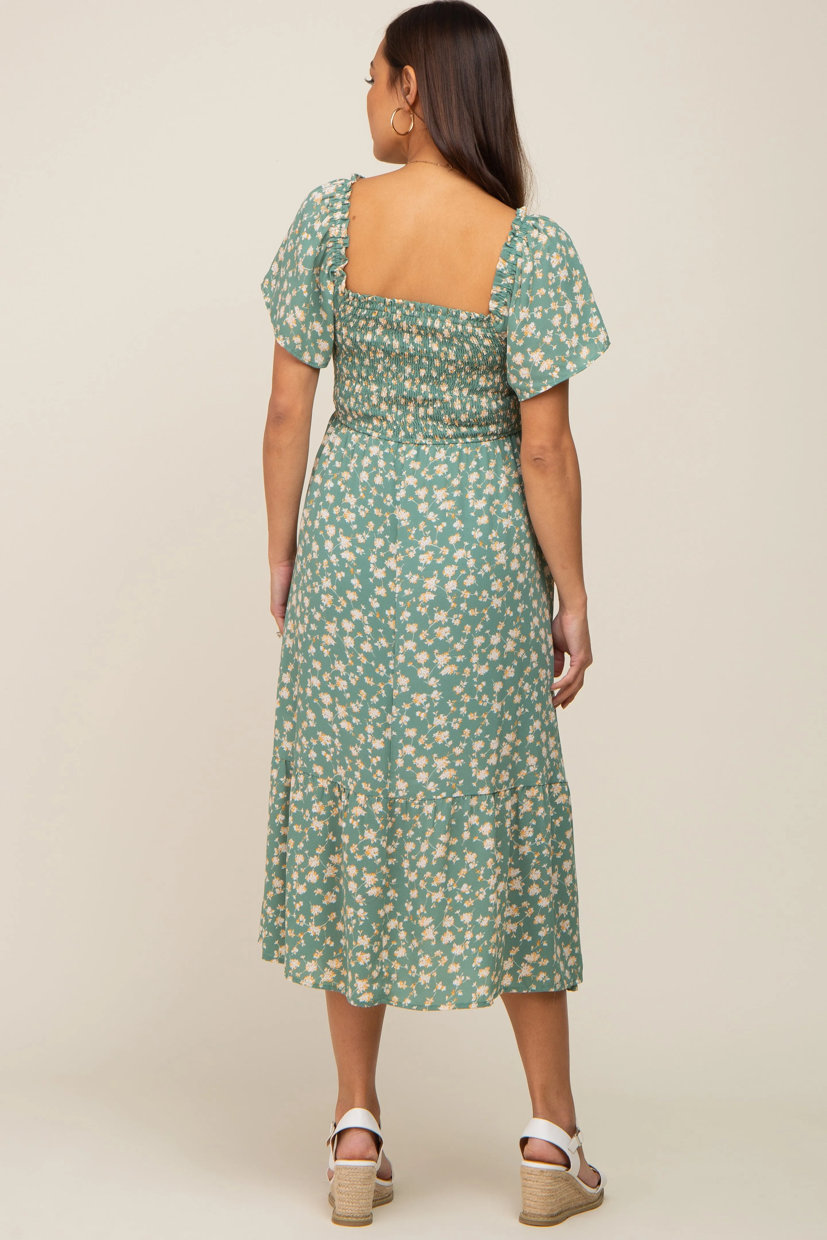 Light Olive Floral Smocked Maternity Midi Dress sold by Pinkblush product image thumbnail 4