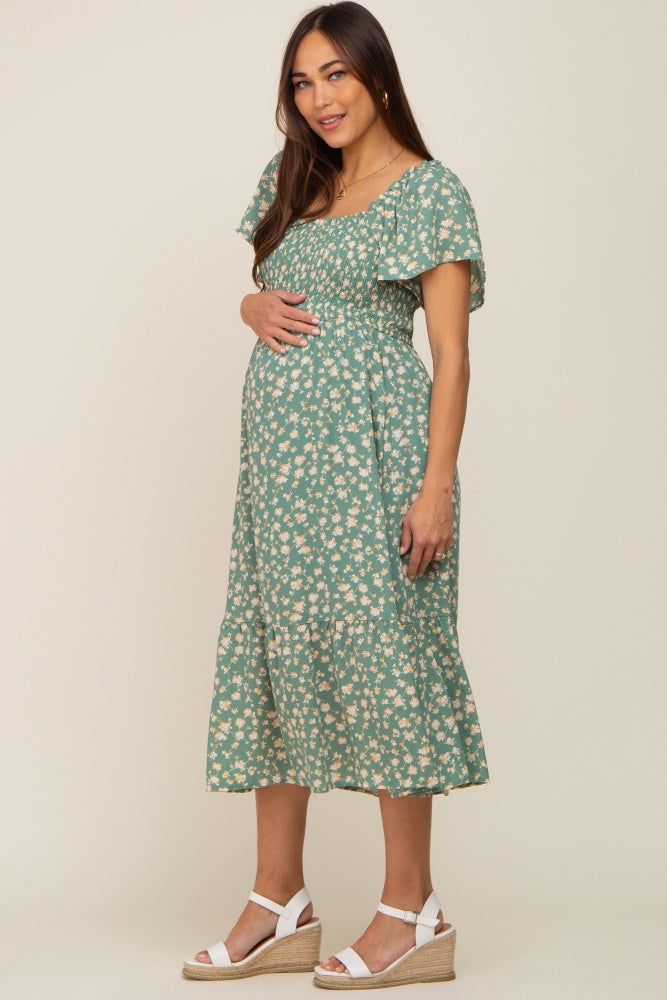 Light Olive Floral Smocked Maternity Midi Dress sold by Pinkblush product image thumbnail 3