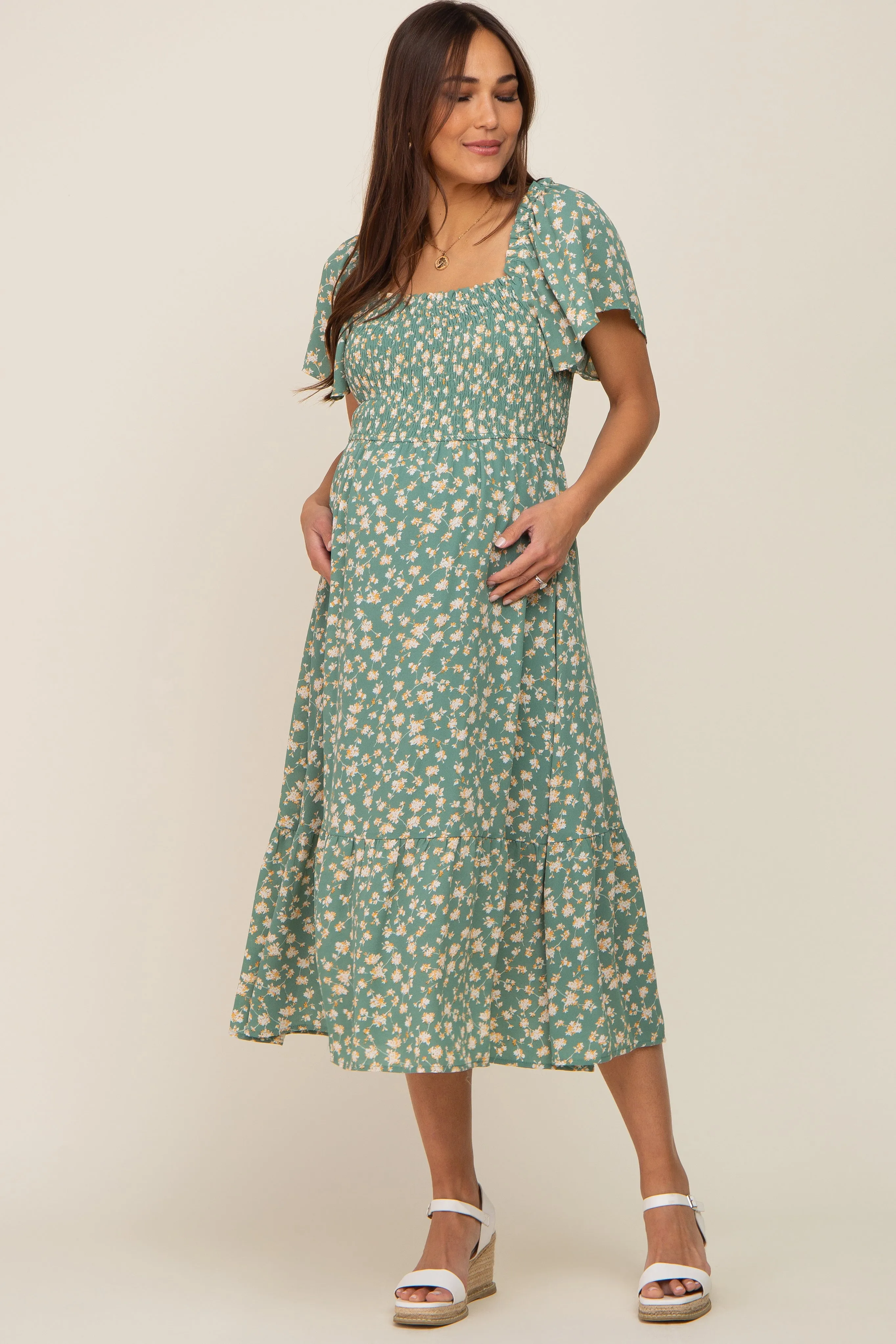 Light Olive Floral Smocked Maternity Midi Dress sold by Pinkblush
