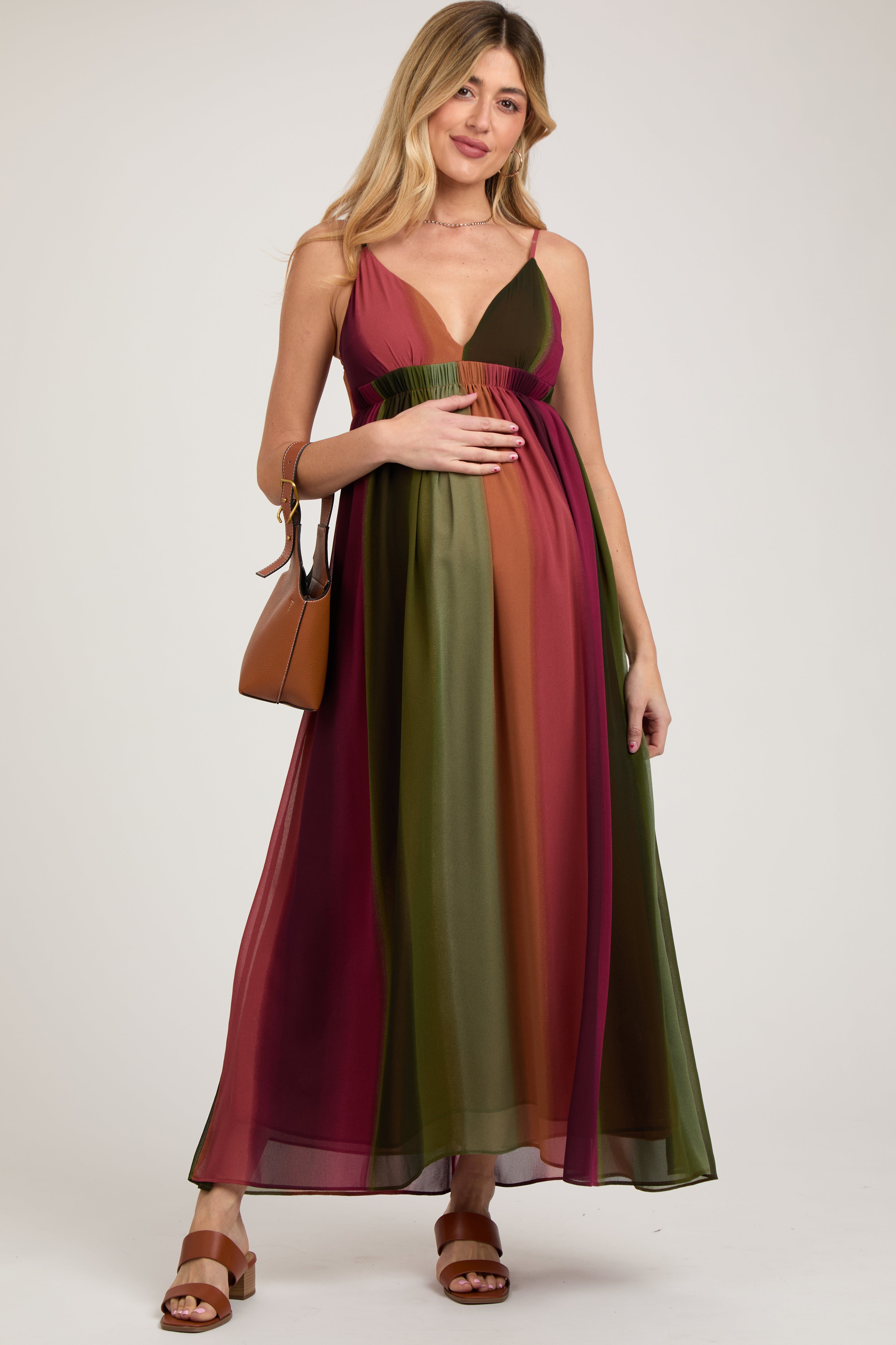 Multi-Color Ombre Chiffon V-Neck Maternity Maxi Dress sold by Pinkblush
