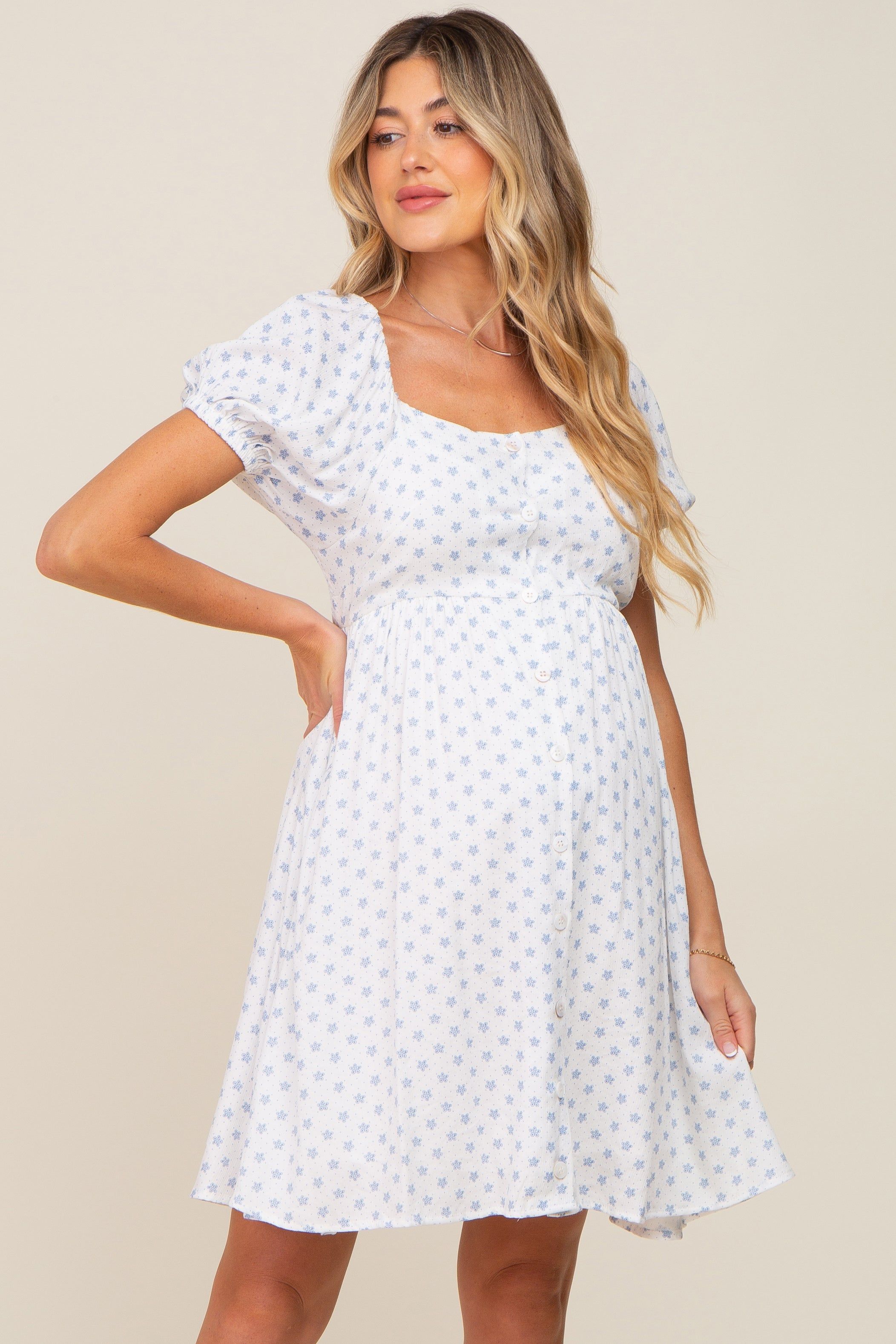 Blue Floral Dotted Button Front Maternity Dress sold by Pinkblush product image thumbnail 2