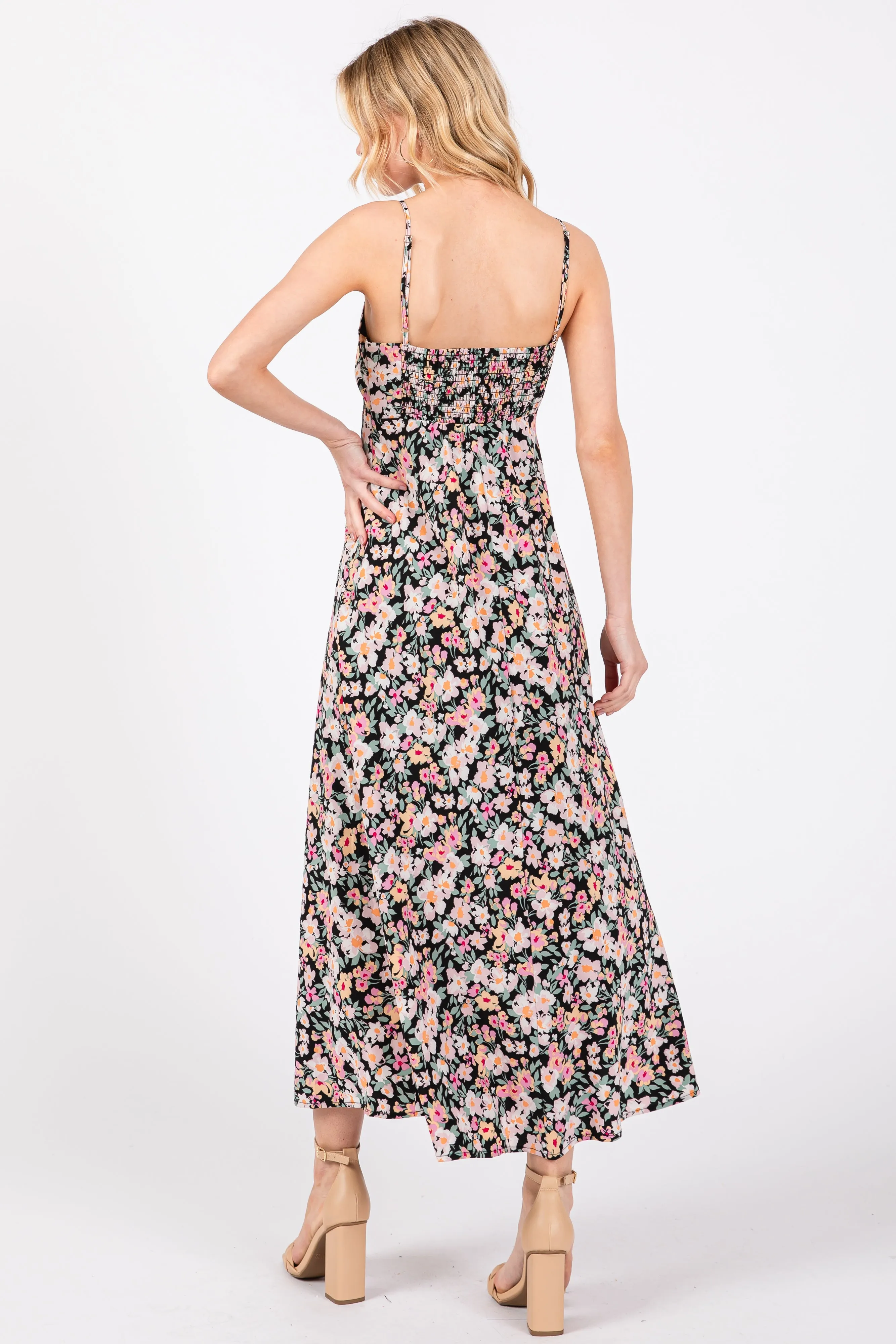 Black Floral Front Cutout Drawstring Tie Midi Dress sold by Pinkblush product image thumbnail 3