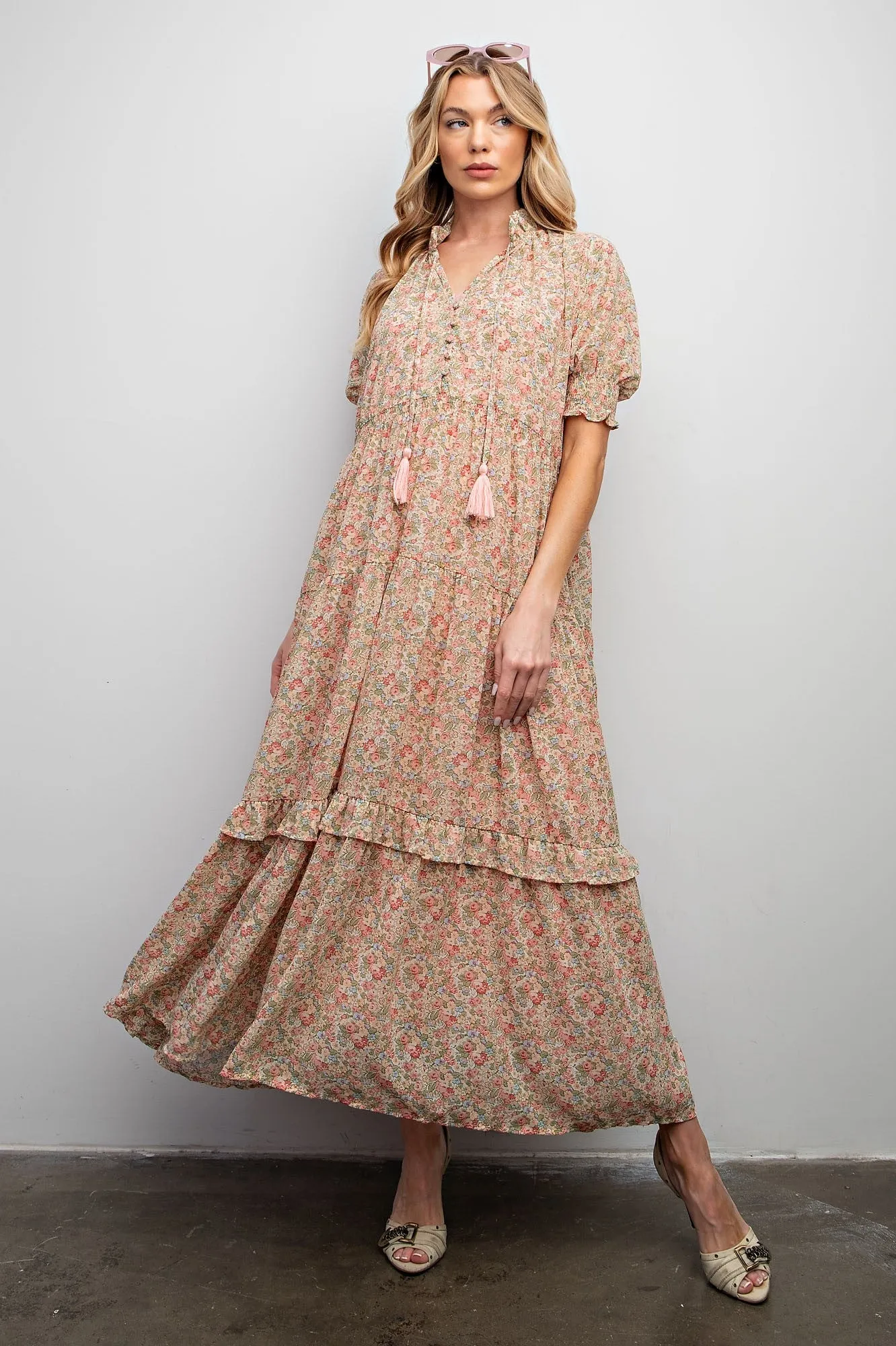 Peach Floral Chiffon Button Front Tiered Midi Dress sold by Pinkblush