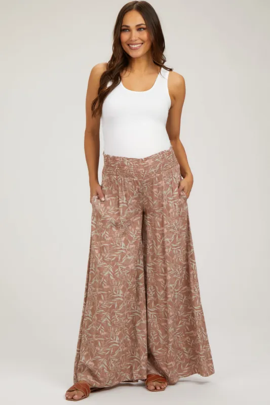 Mauve Floral Smocked Wide Leg Maternity Pants sold by Pinkblush