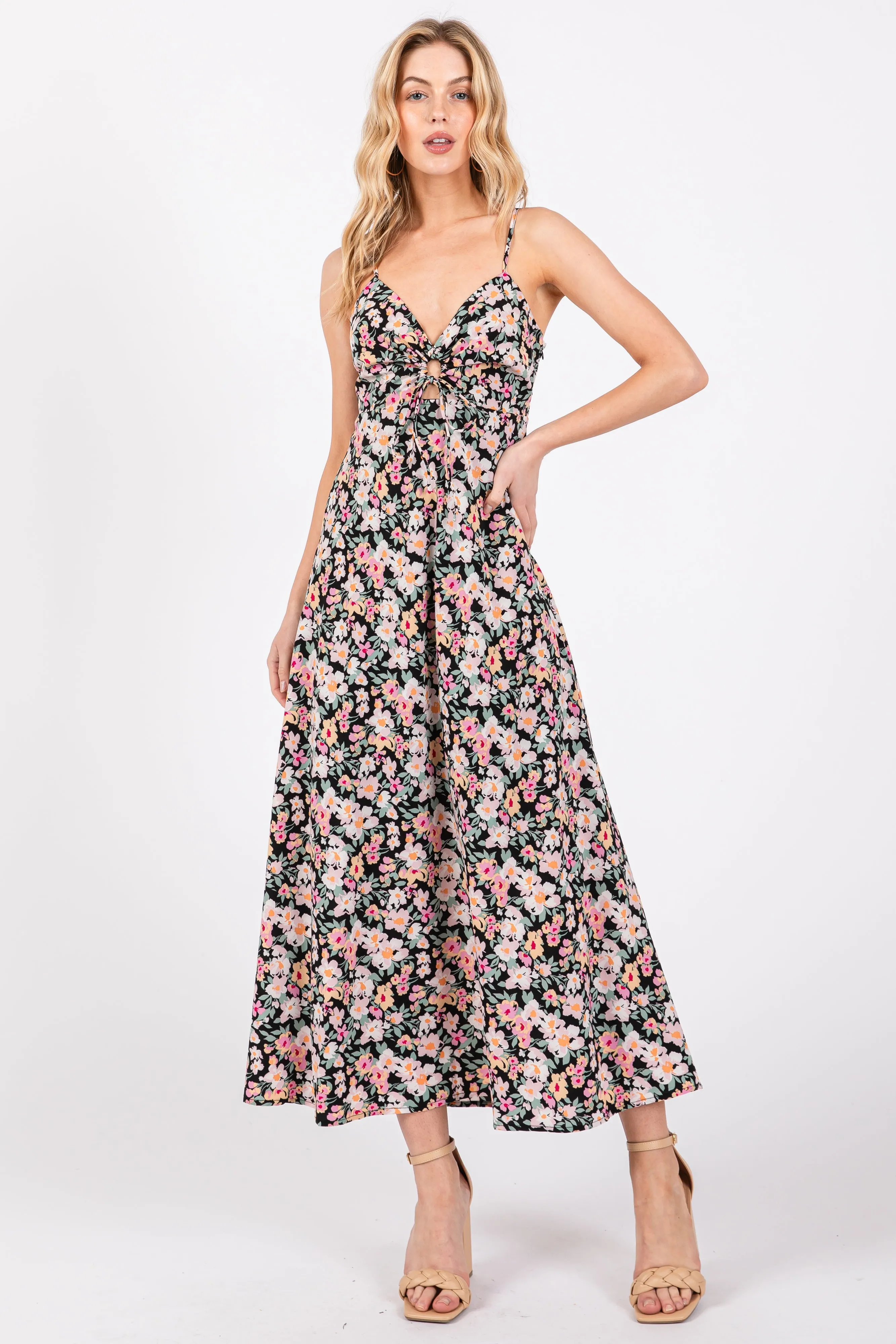 Black Floral Front Cutout Drawstring Tie Midi Dress sold by Pinkblush