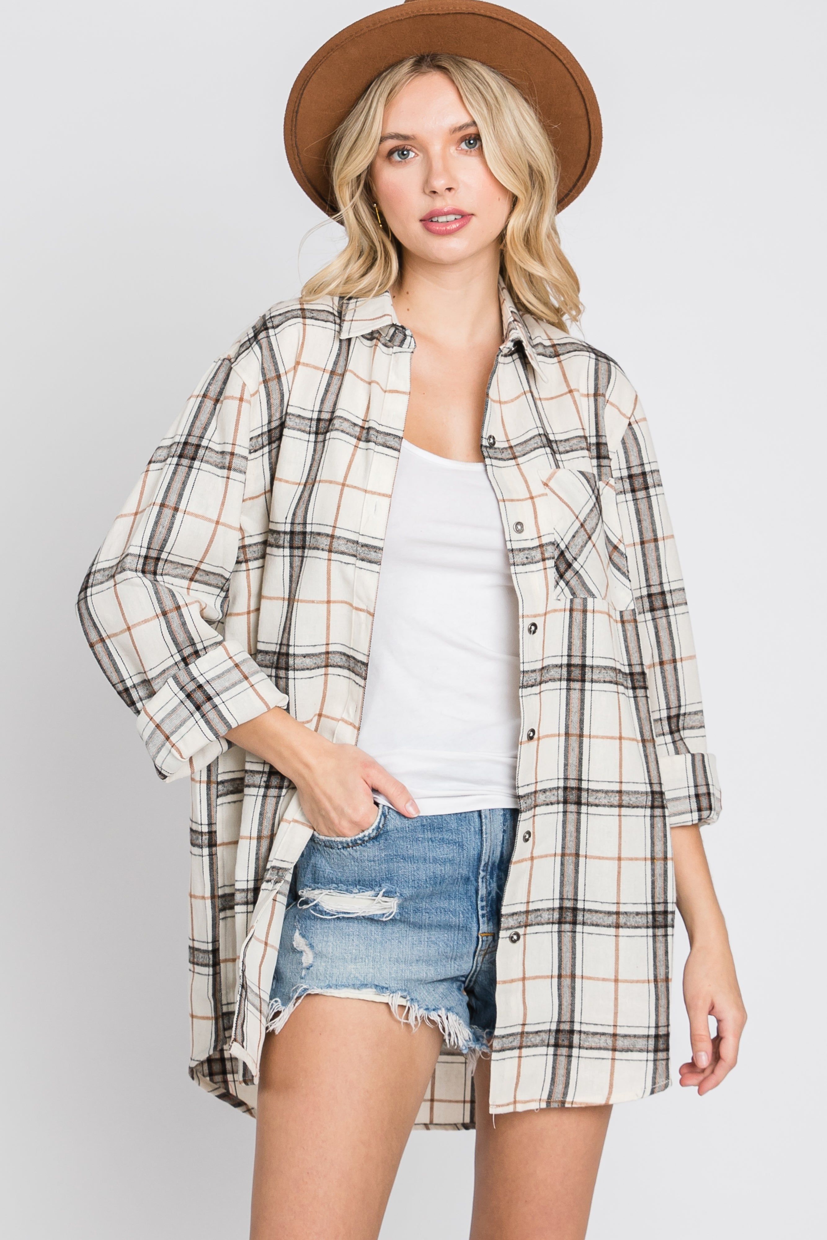 Ivory Plaid Front Pocket Button Up Flannel Top sold by Pinkblush