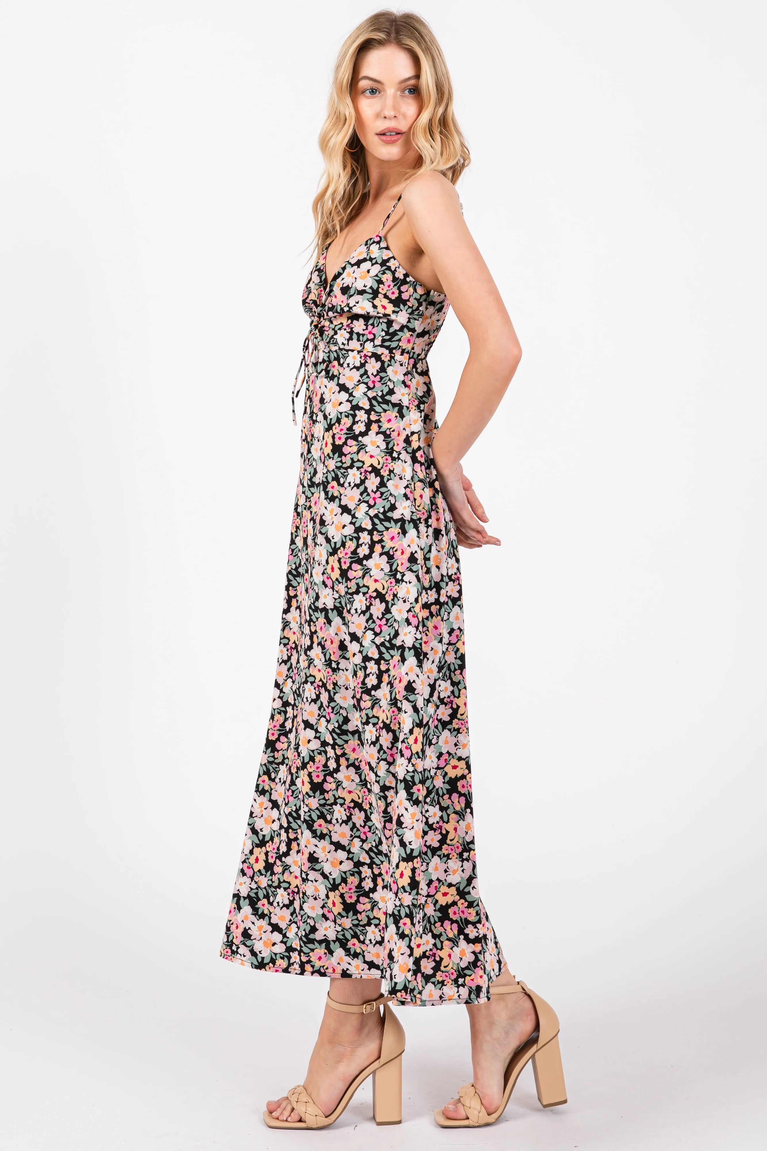 Black Floral Front Cutout Drawstring Tie Midi Dress sold by Pinkblush product image thumbnail 2