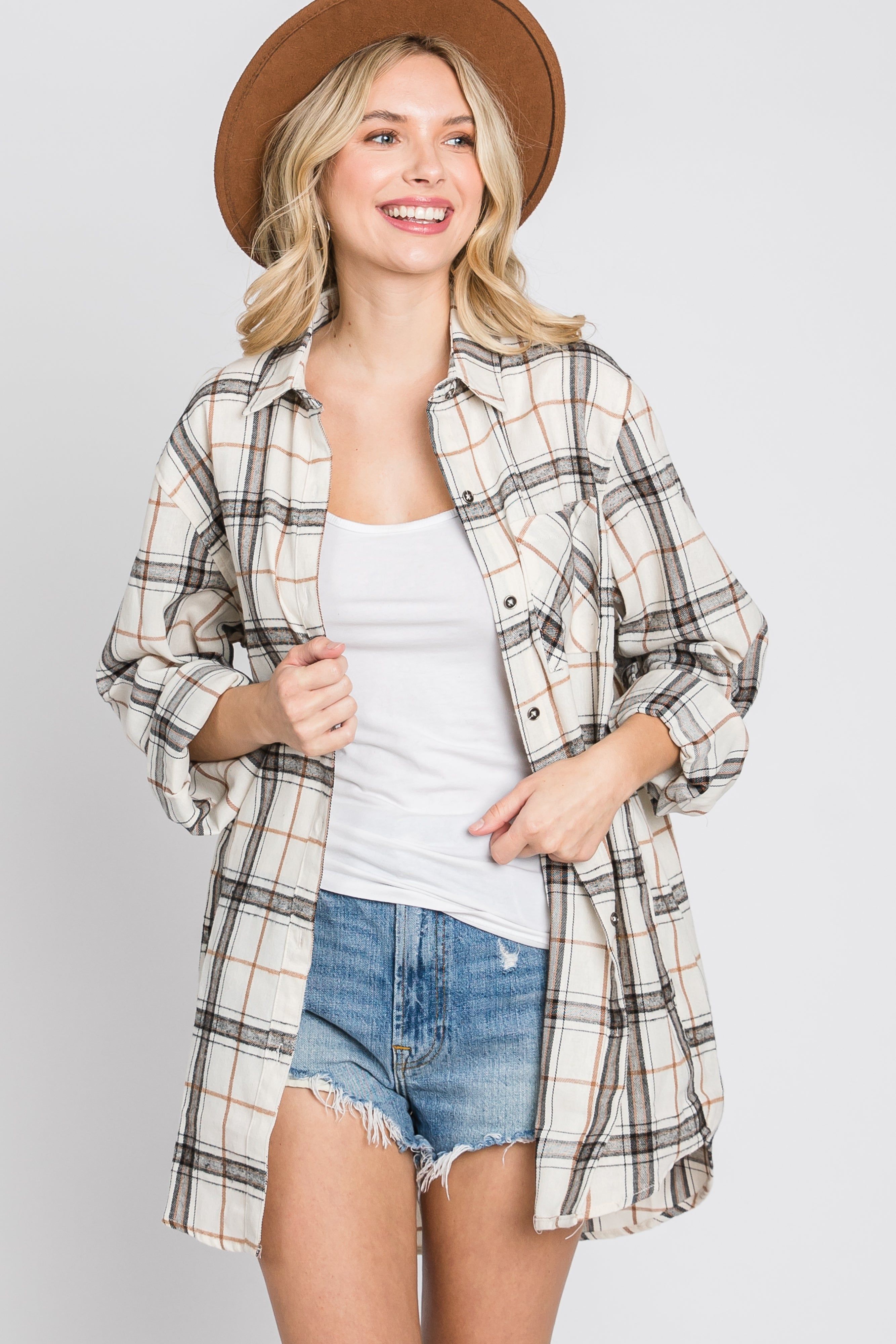 Ivory Plaid Front Pocket Button Up Flannel Top sold by Pinkblush product image thumbnail 2
