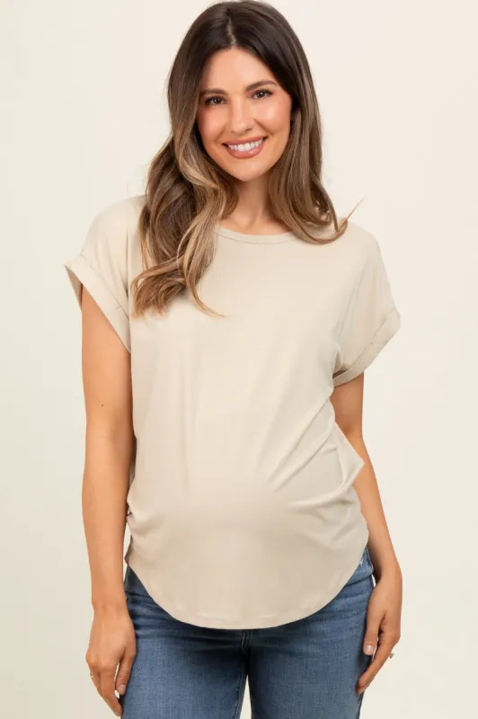 Taupe Rolled Cuff Sleeve Maternity Top sold by Pinkblush