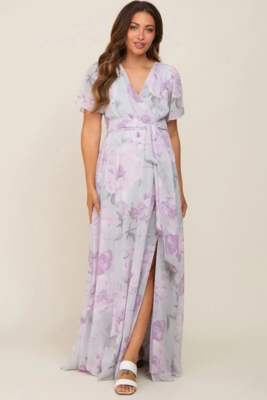 Lavender Floral Chiffon V-Neck Front Slit Short Sleeve Maternity Dress sold by Pinkblush