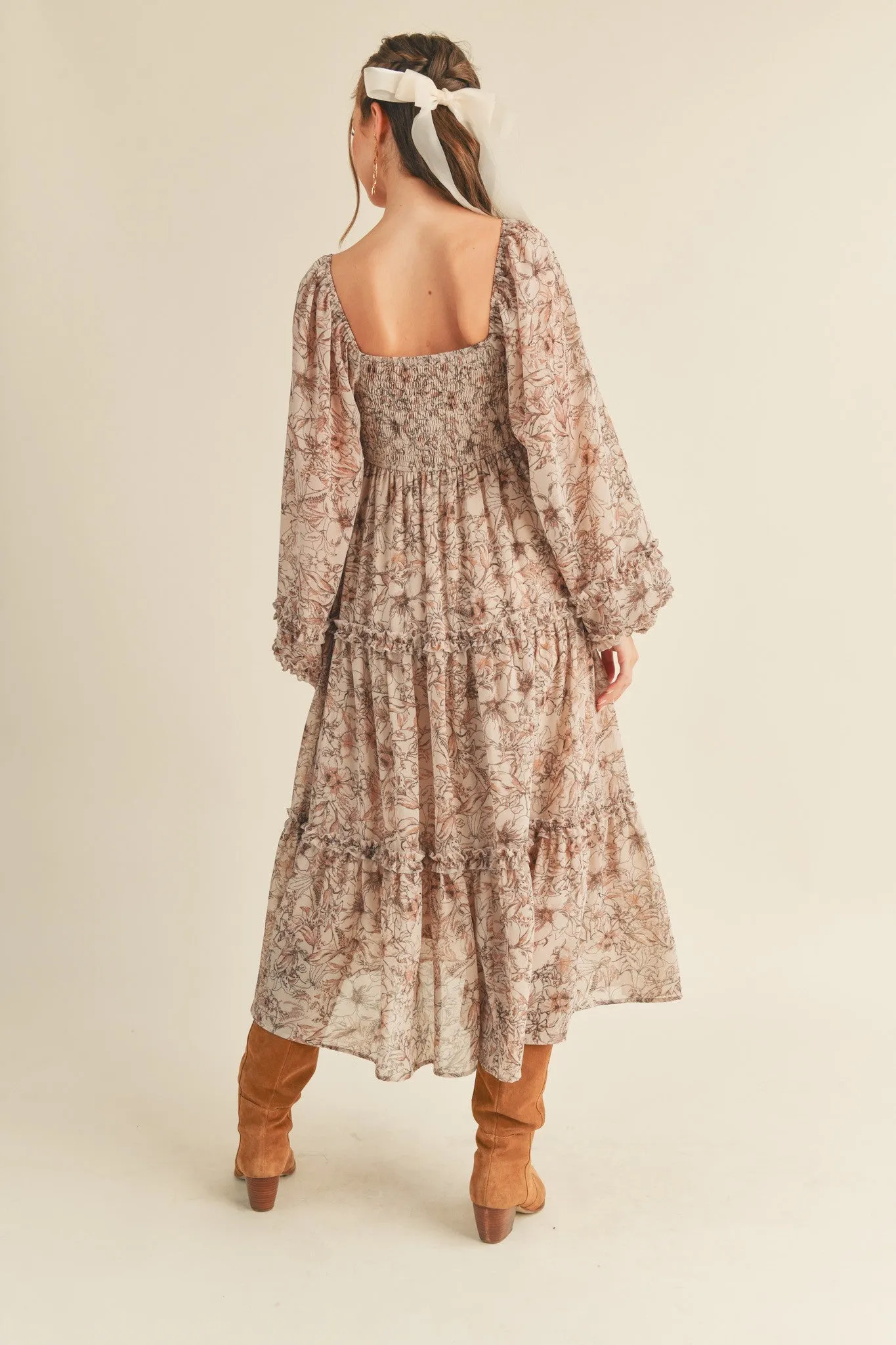 Mauve Floral Chiffon Sweetheart Neck Ruffle Tiered Midi Dress sold by Pinkblush product image thumbnail 3