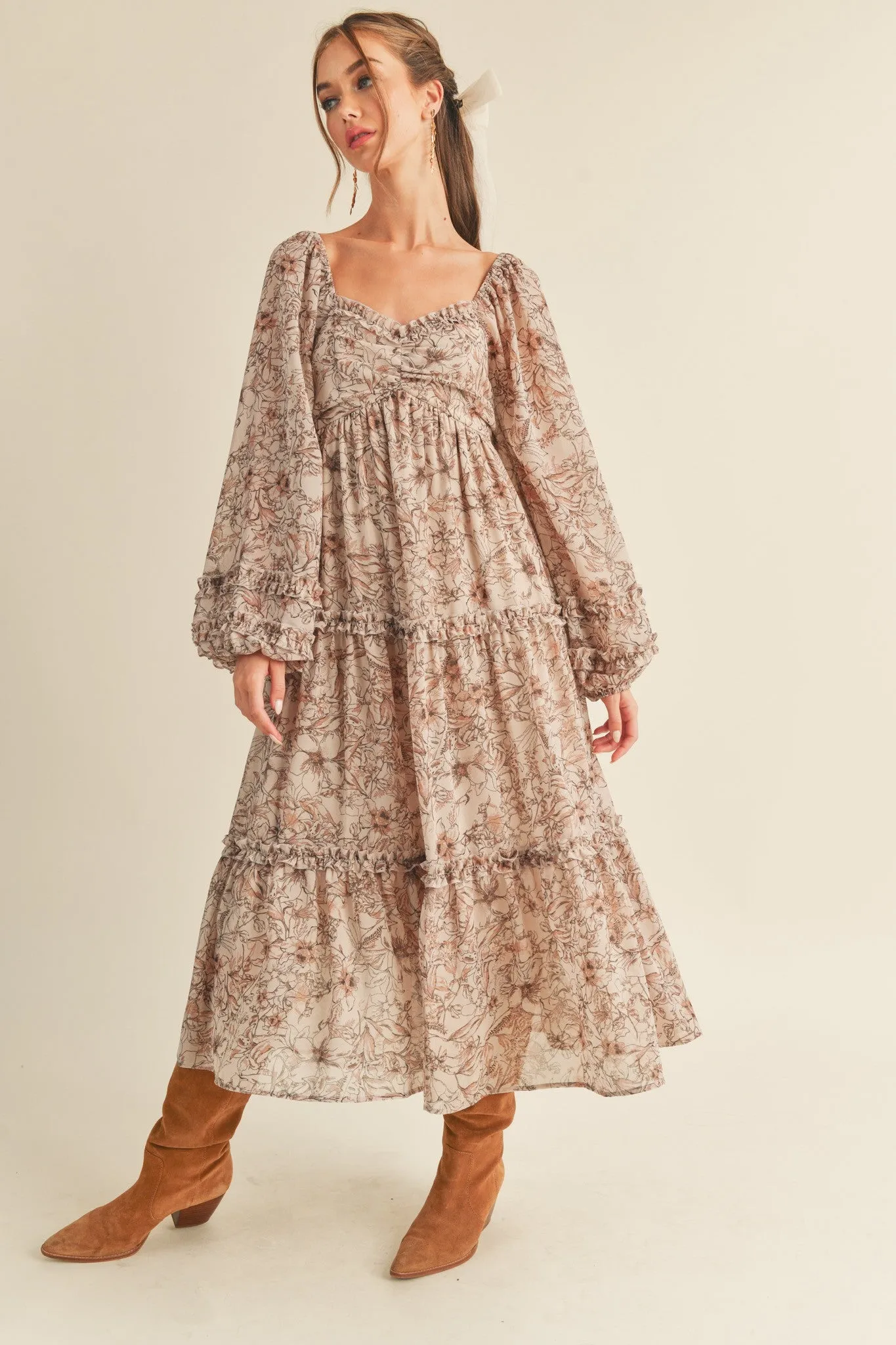 Mauve Floral Chiffon Sweetheart Neck Ruffle Tiered Midi Dress sold by Pinkblush