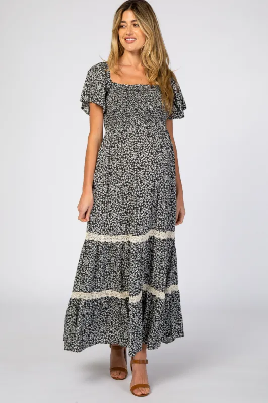 Black Floral Square Neck Smocked Front Lace Trim Maternity Maxi Dress sold by Pinkblush