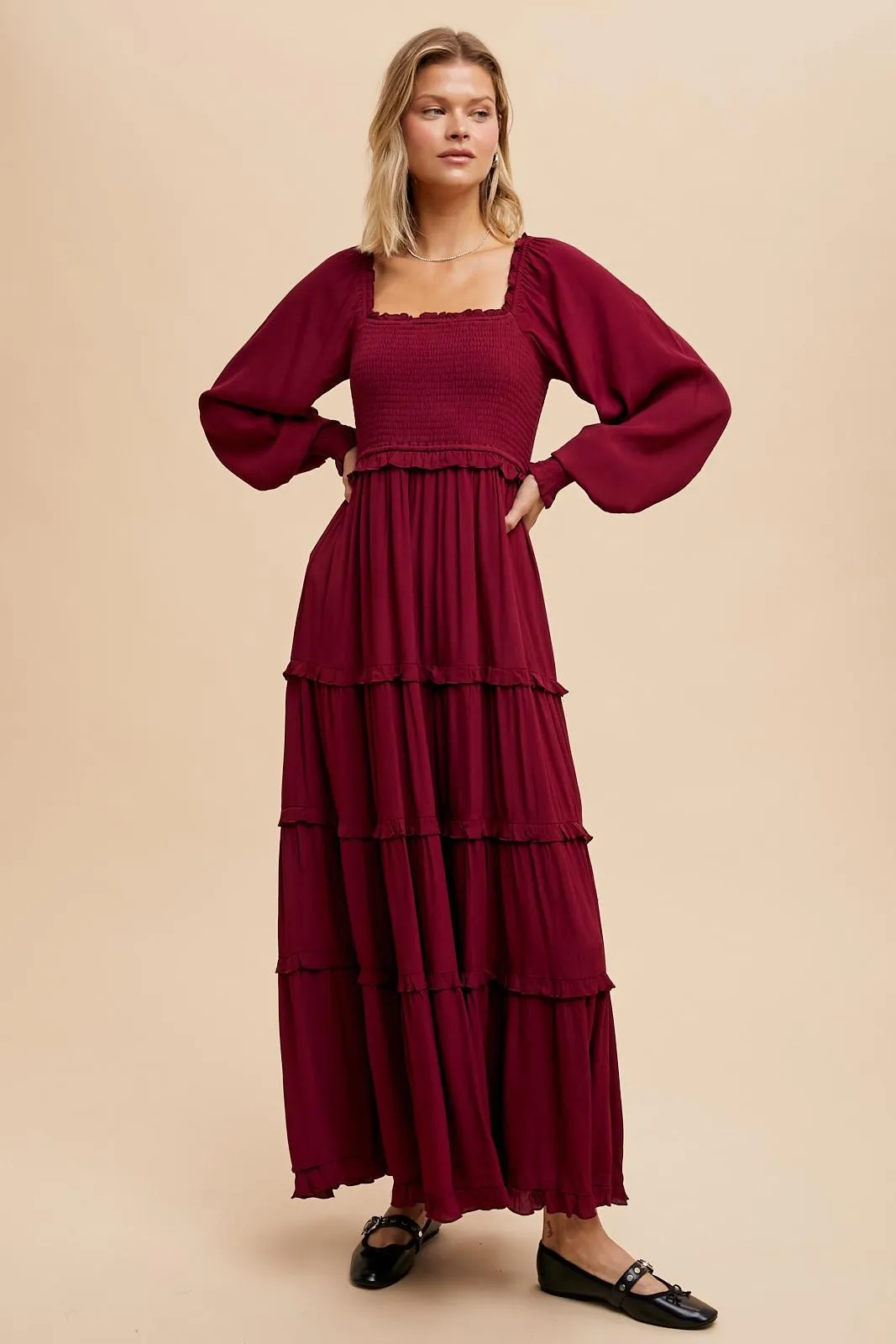 Burgundy Smocked Long Sleeve Ruffle Tiered Maxi Dress sold by Pinkblush product image thumbnail 2