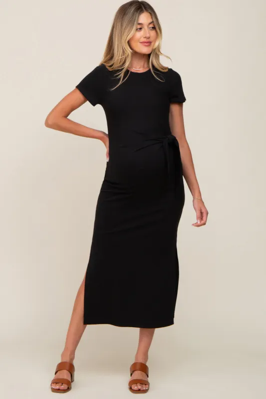 Black Front Tie Side Slit Maternity Midi Dress sold by Pinkblush