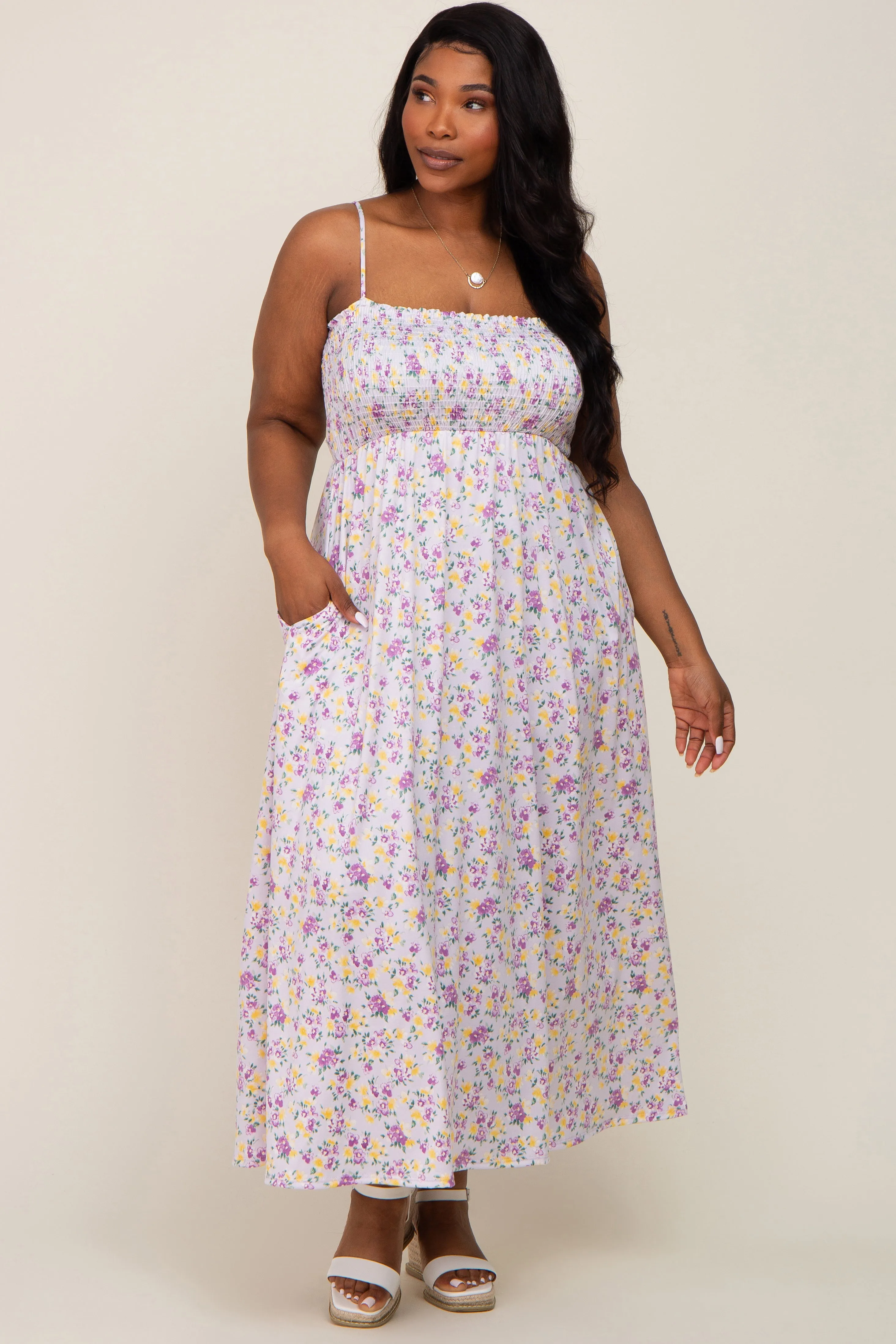 Lavender Square Neck Smocked Plus Midi Dress sold by Pinkblush