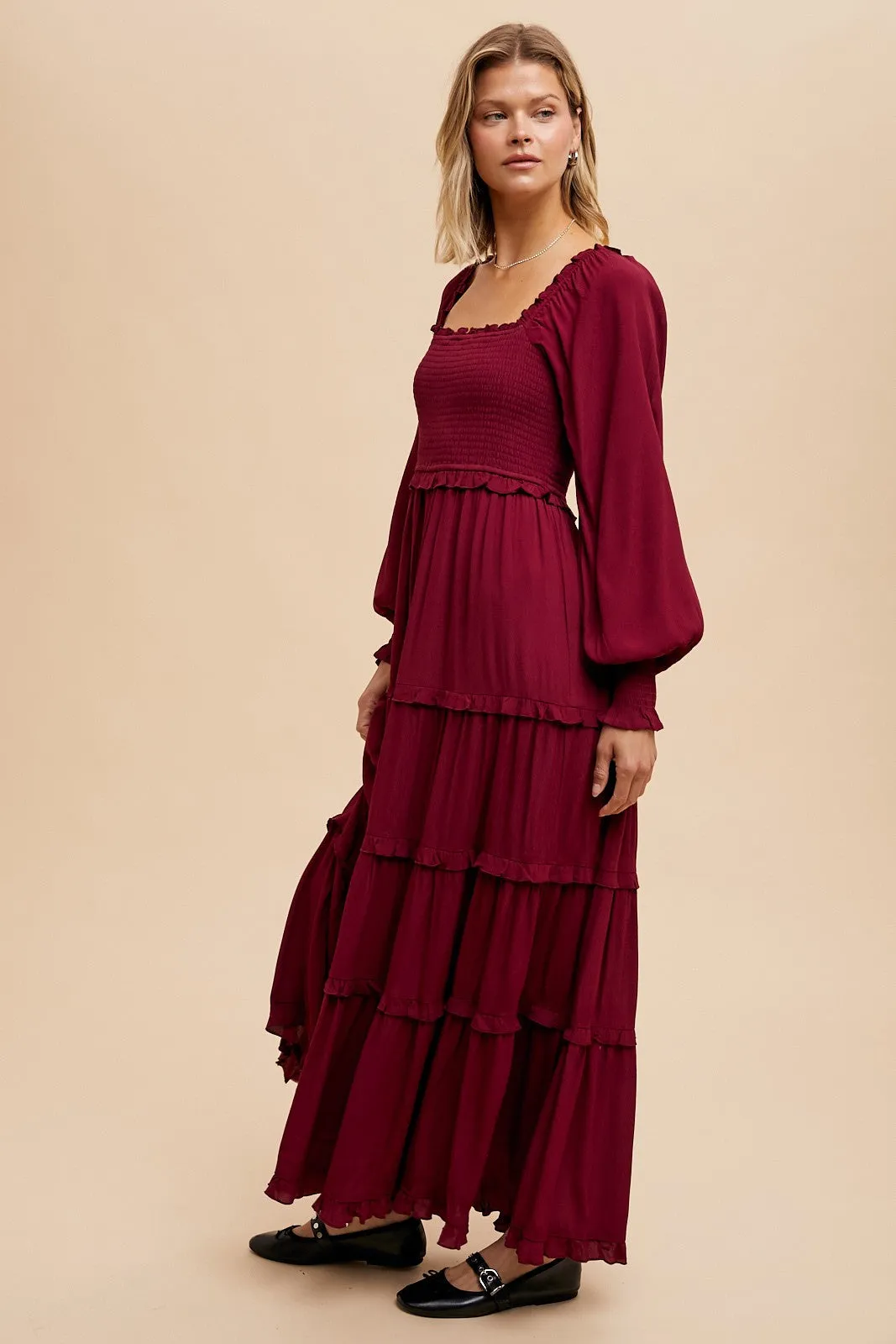 Burgundy Smocked Long Sleeve Ruffle Tiered Maxi Dress sold by Pinkblush product image thumbnail 3