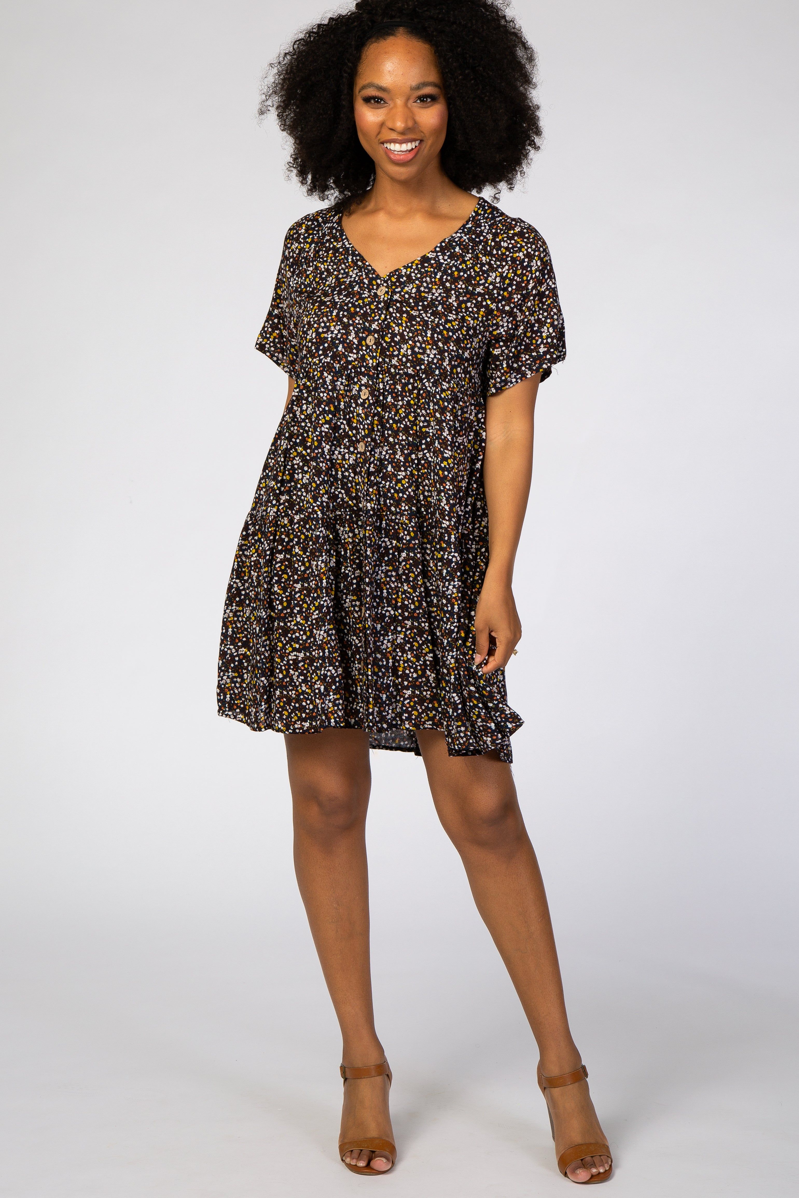 Navy Blue Floral Button Front Mini Dress sold by Pinkblush