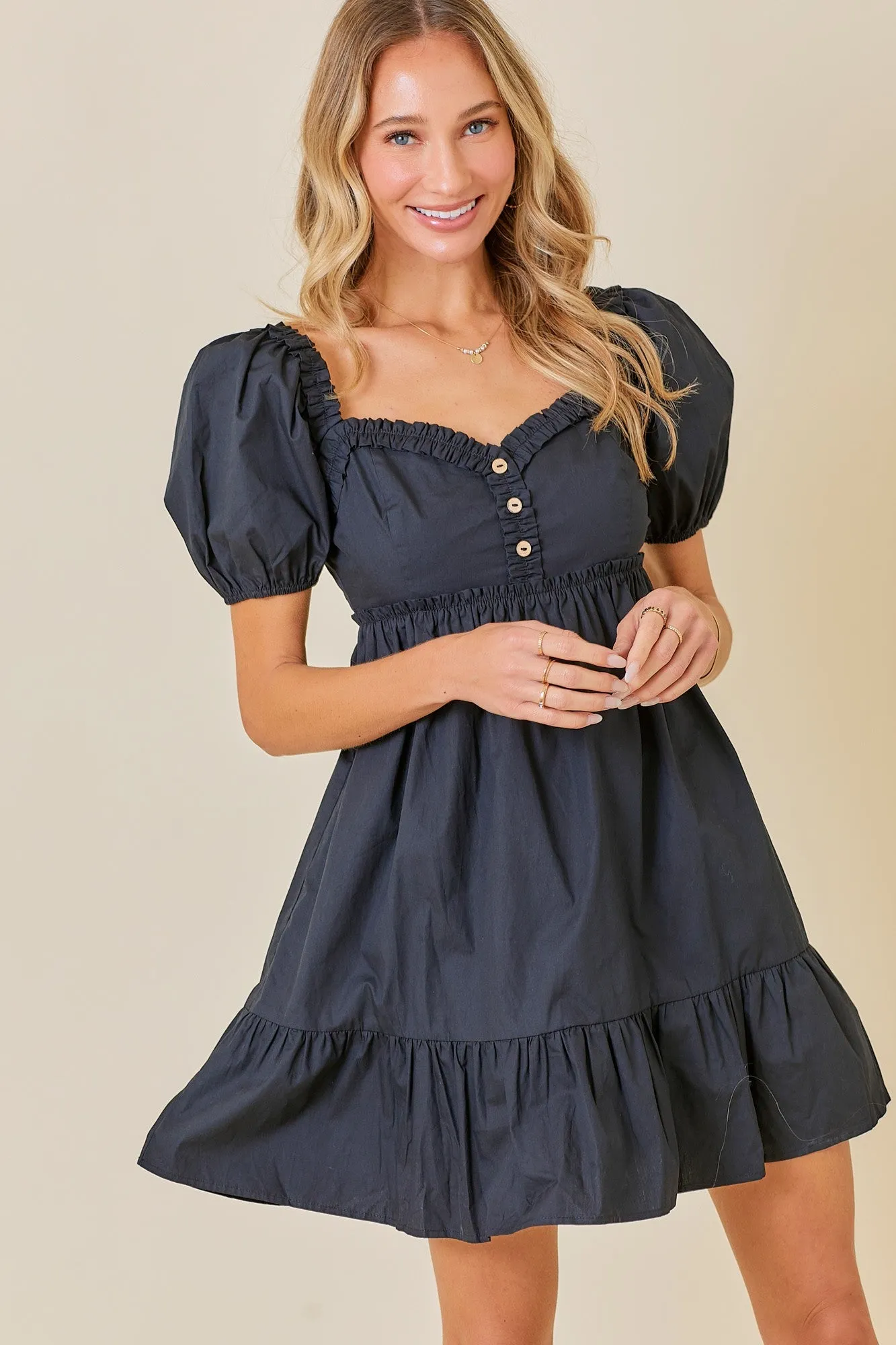 Black Puff Sleeve Ruffle Accent Mini Dress sold by Pinkblush