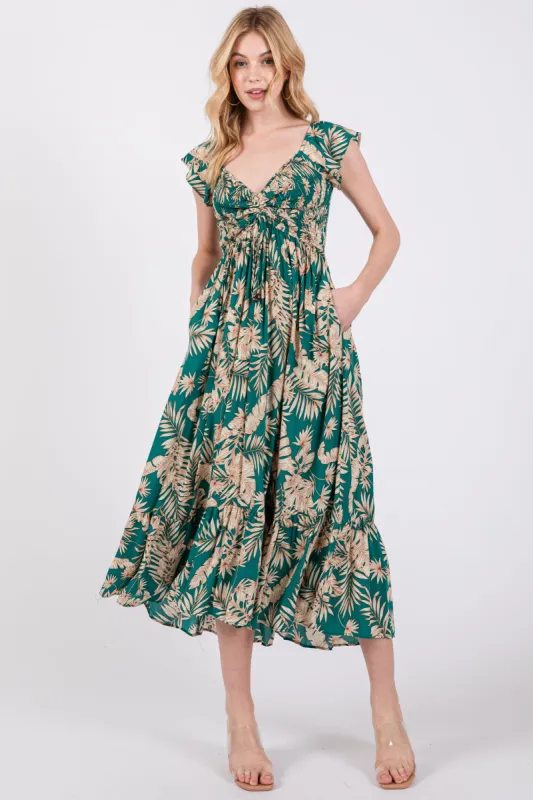Jade Tropical Print Smocked Short Sleeve Maxi Dress sold by Pinkblush