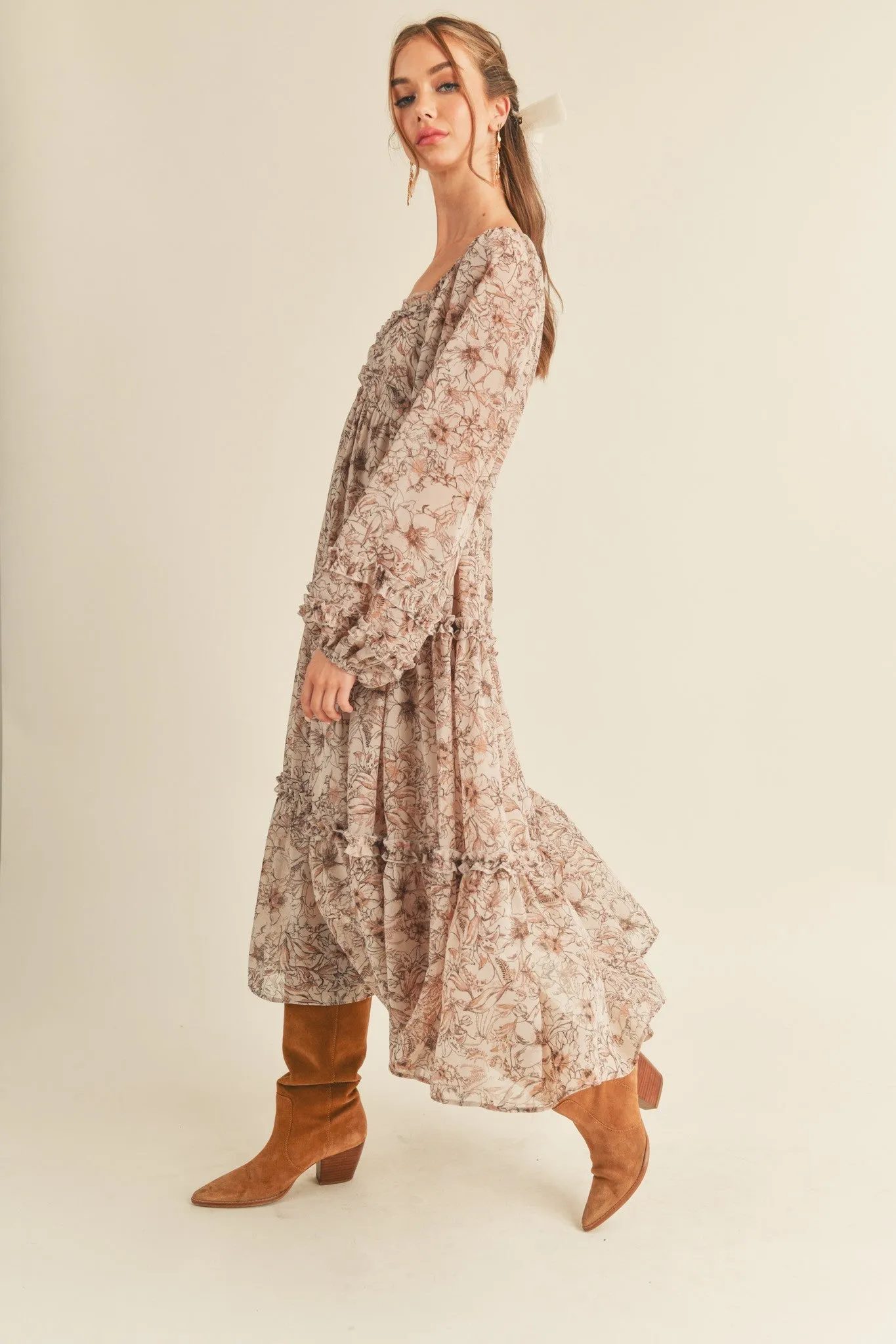 Mauve Floral Chiffon Sweetheart Neck Ruffle Tiered Midi Dress sold by Pinkblush product image thumbnail 2