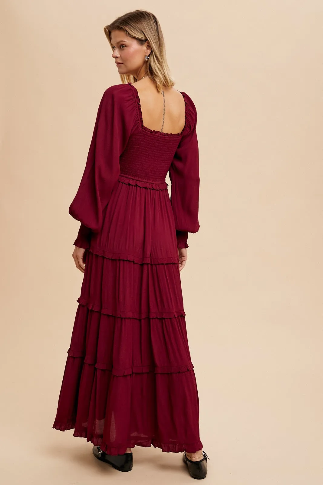 Burgundy Smocked Long Sleeve Ruffle Tiered Maxi Dress sold by Pinkblush product image thumbnail 4
