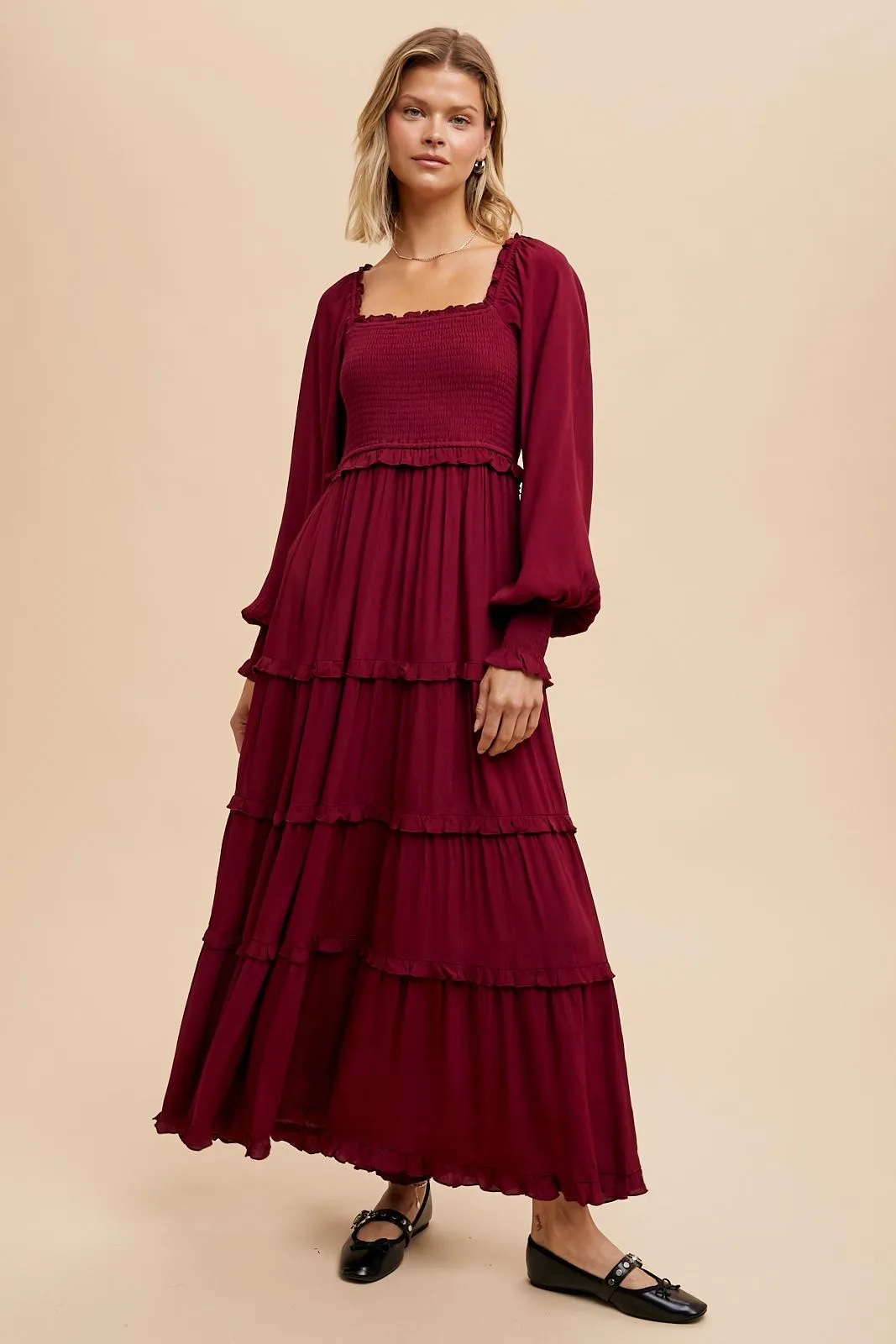Burgundy Smocked Long Sleeve Ruffle Tiered Maxi Dress sold by Pinkblush