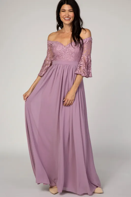 Mauve Lace Off Shoulder Evening Gown sold by Pinkblush