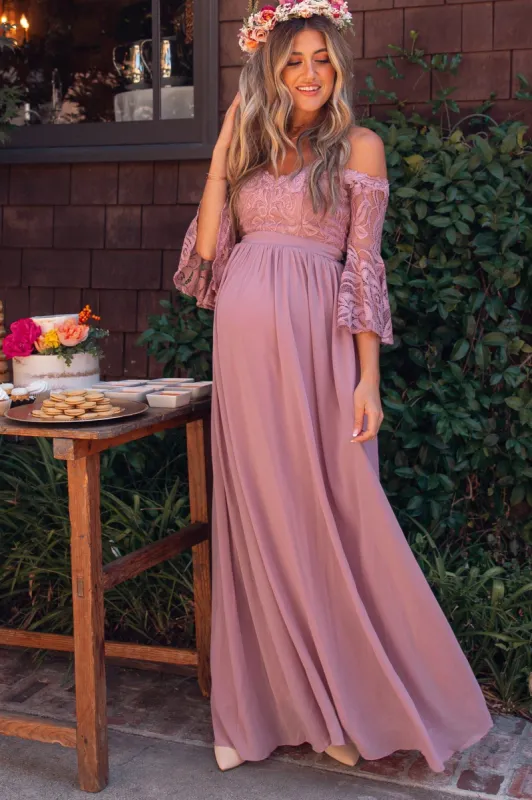 Mauve Lace Off Shoulder Maternity Evening Gown made by Pinkblush